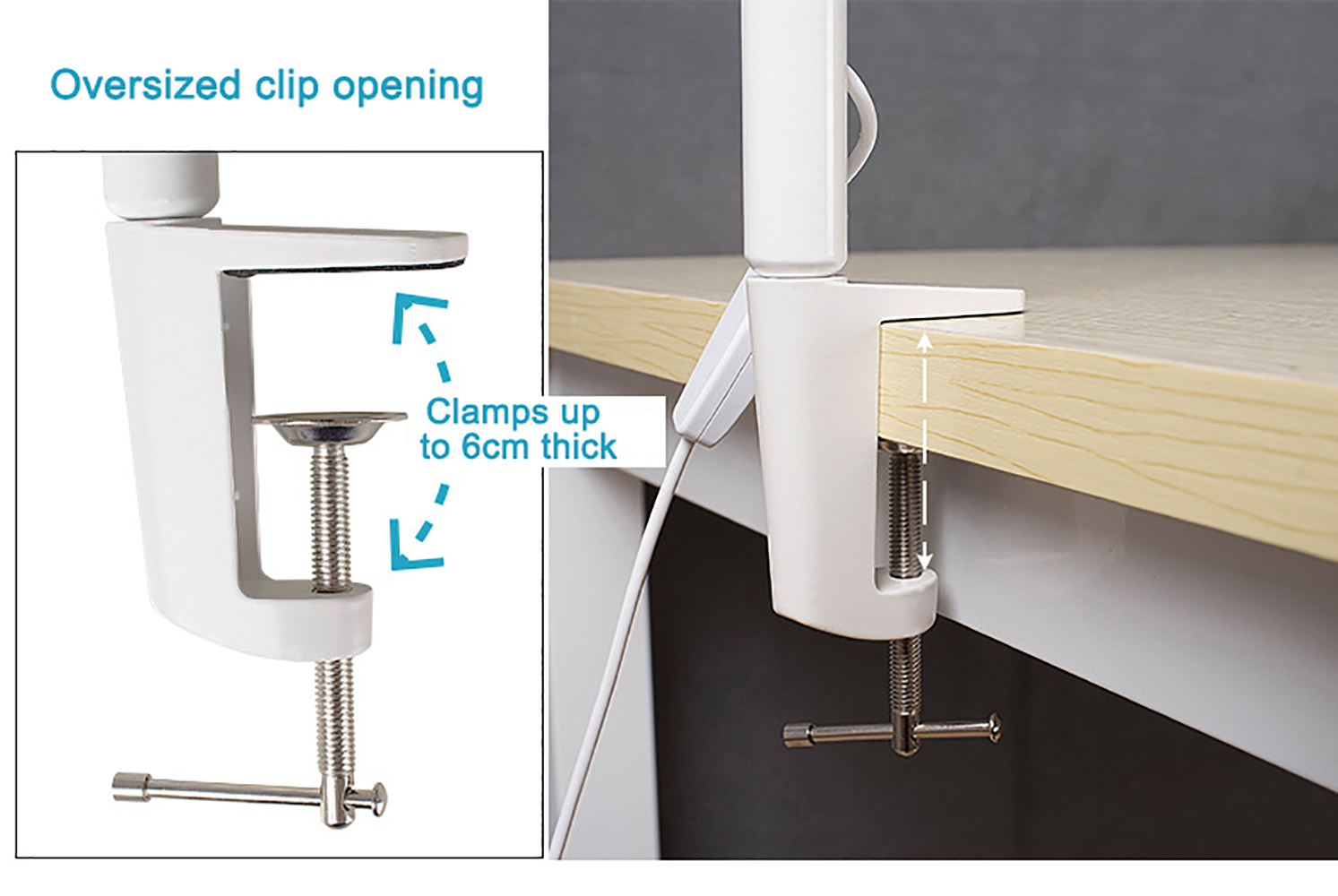 Nahaufnahme einer Lampenklemme, die das Design der Klemme zeigt und wie sie an Oberflächen bis zu 6 cm Dicke befestigt wird.