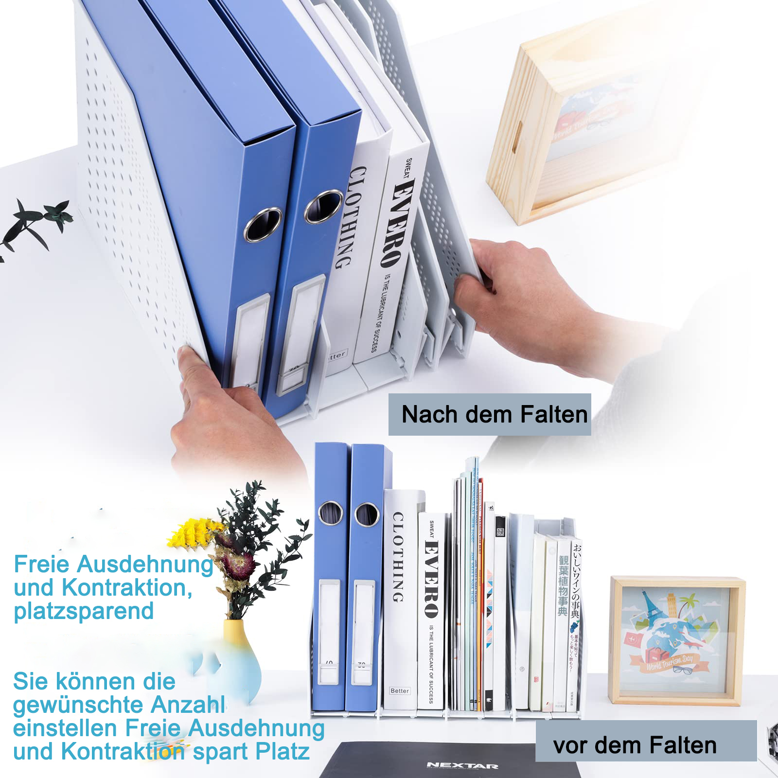 Aktenhalter mit Dokumenten, vor und nach dem Falten, und Anwendungsbeispiele.