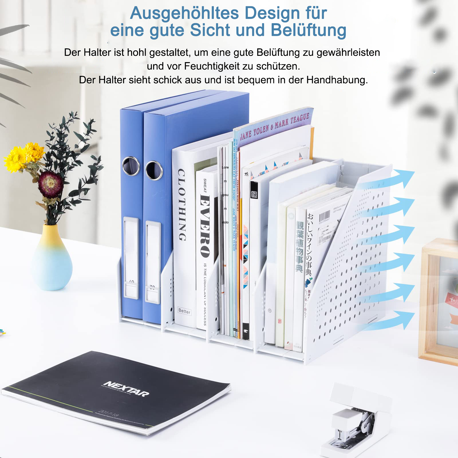 Ein weißer Metall-Aktenorganizer mit Büchern, Ordnern und einem Tacker. Blaue Pfeile zeigen den Luftstrom.