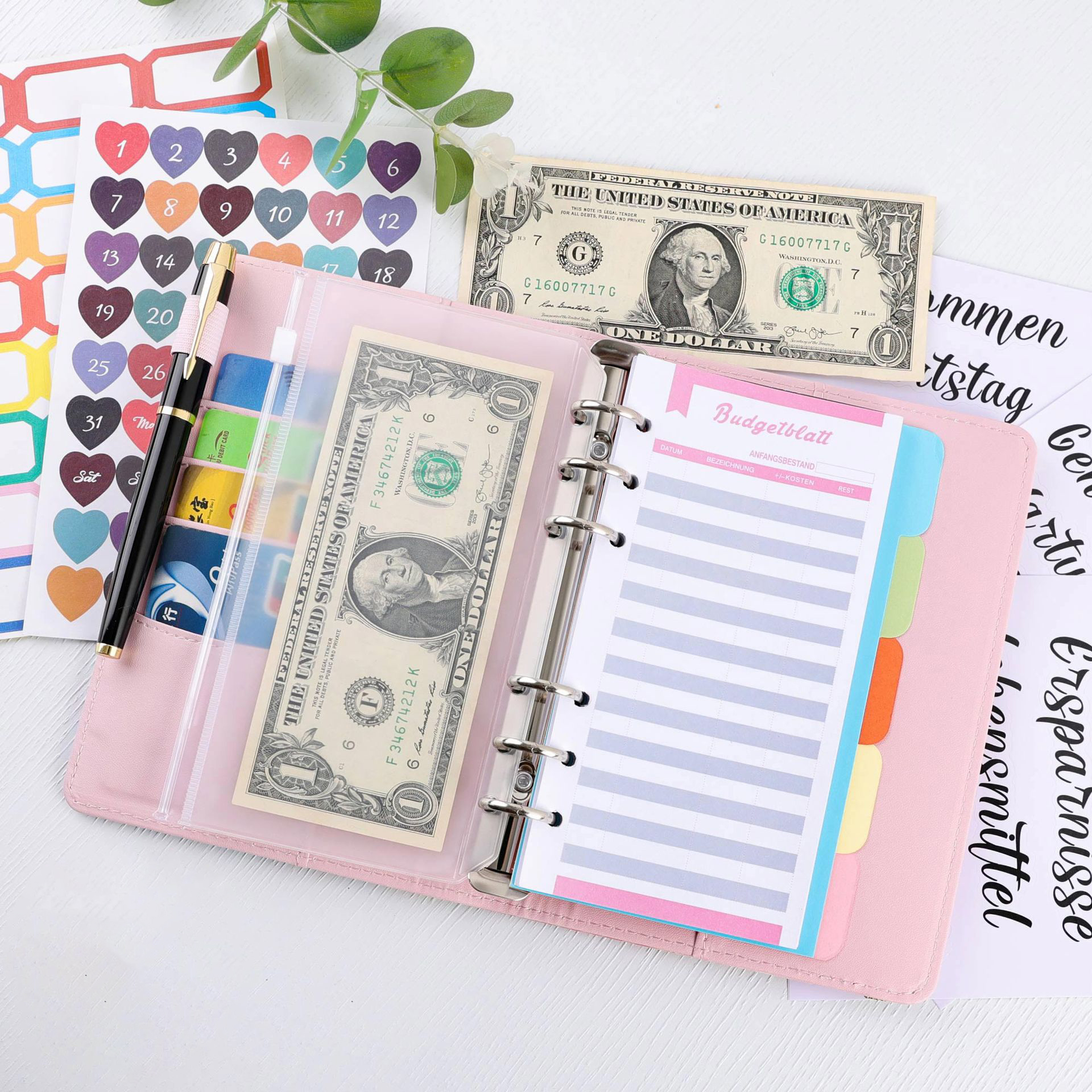 Ein pinkfarbener Budgetordner, der eine Dollarnote und Seiten mit einem Stift zeigt. Aufkleber und Dollar.