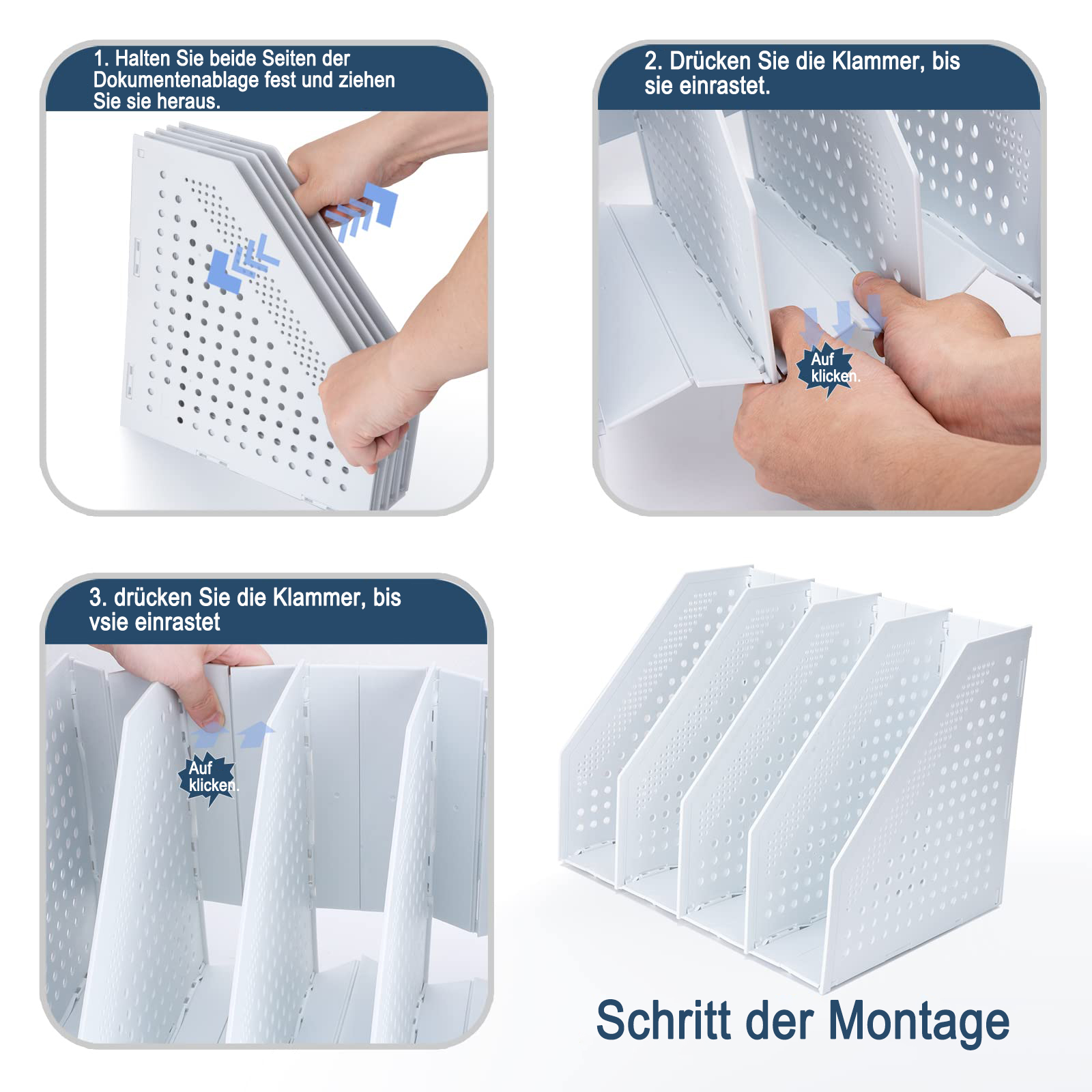 Anleitung zum Zusammenbau weißer Aktenhalter, mit Händen, die interagieren.