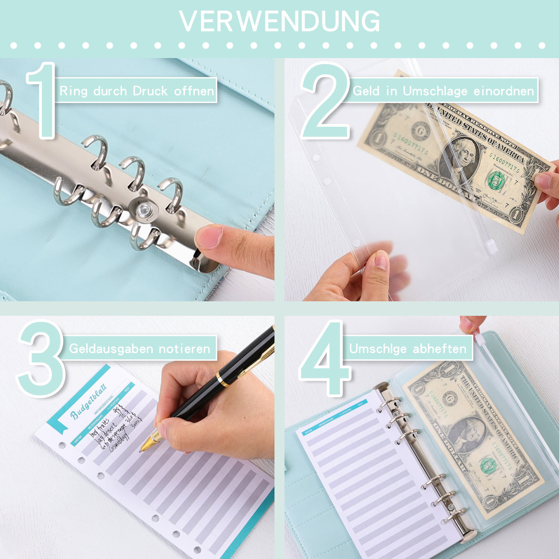 Vier Bilder, die die Schritte zur Verwendung eines Budgetordners zeigen: Öffnen, Einlegen von Geld, Ausgaben schreiben.