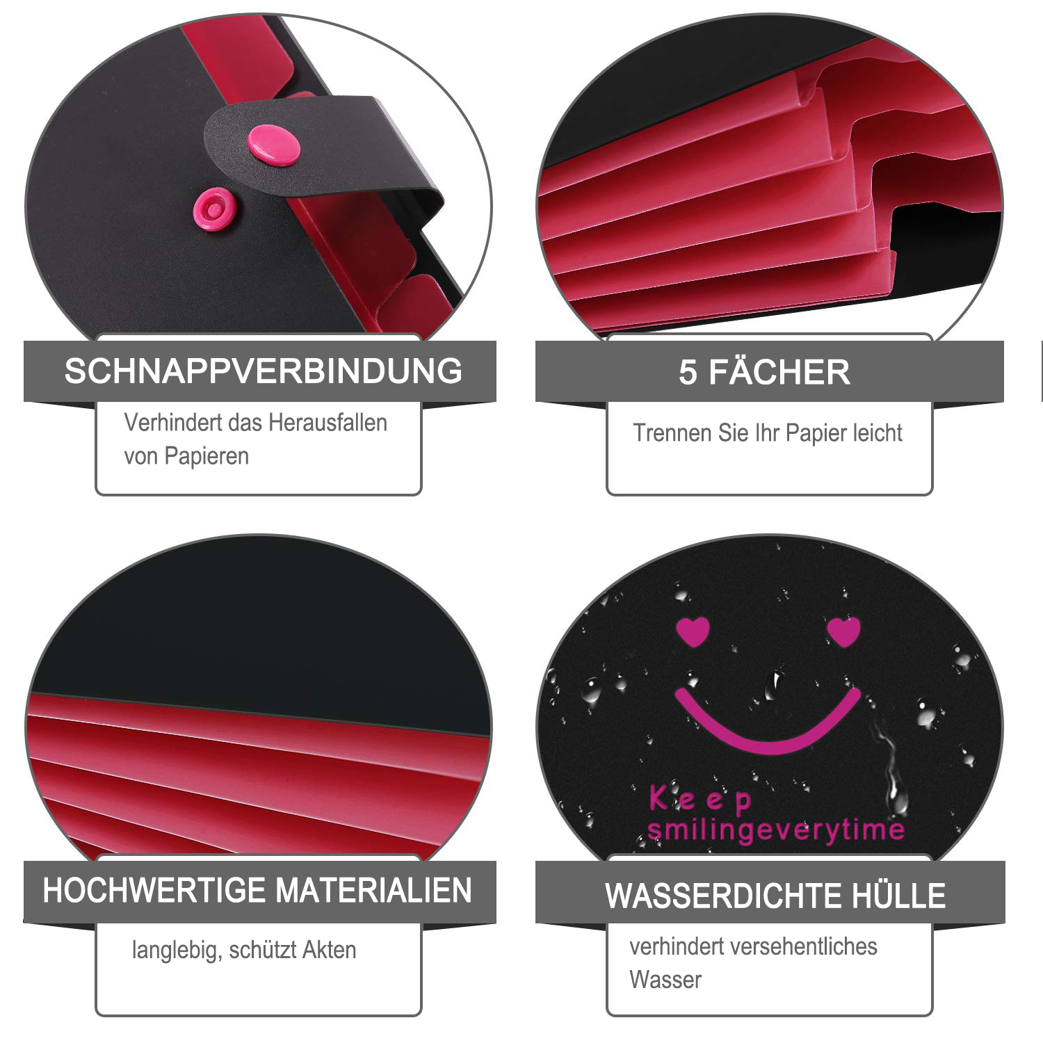 Nahaufnahme einer schwarzen erweiterbaren Ordnermappe mit rosa Trennwänden und einem rosa Knopfverschluss.