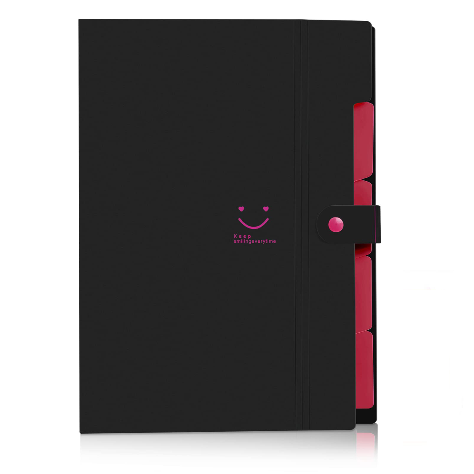 Eine schwarze Expansionsdatei mit rosa Trennwänden und einem Smiley-Gesicht, mit Knopfverschluss.