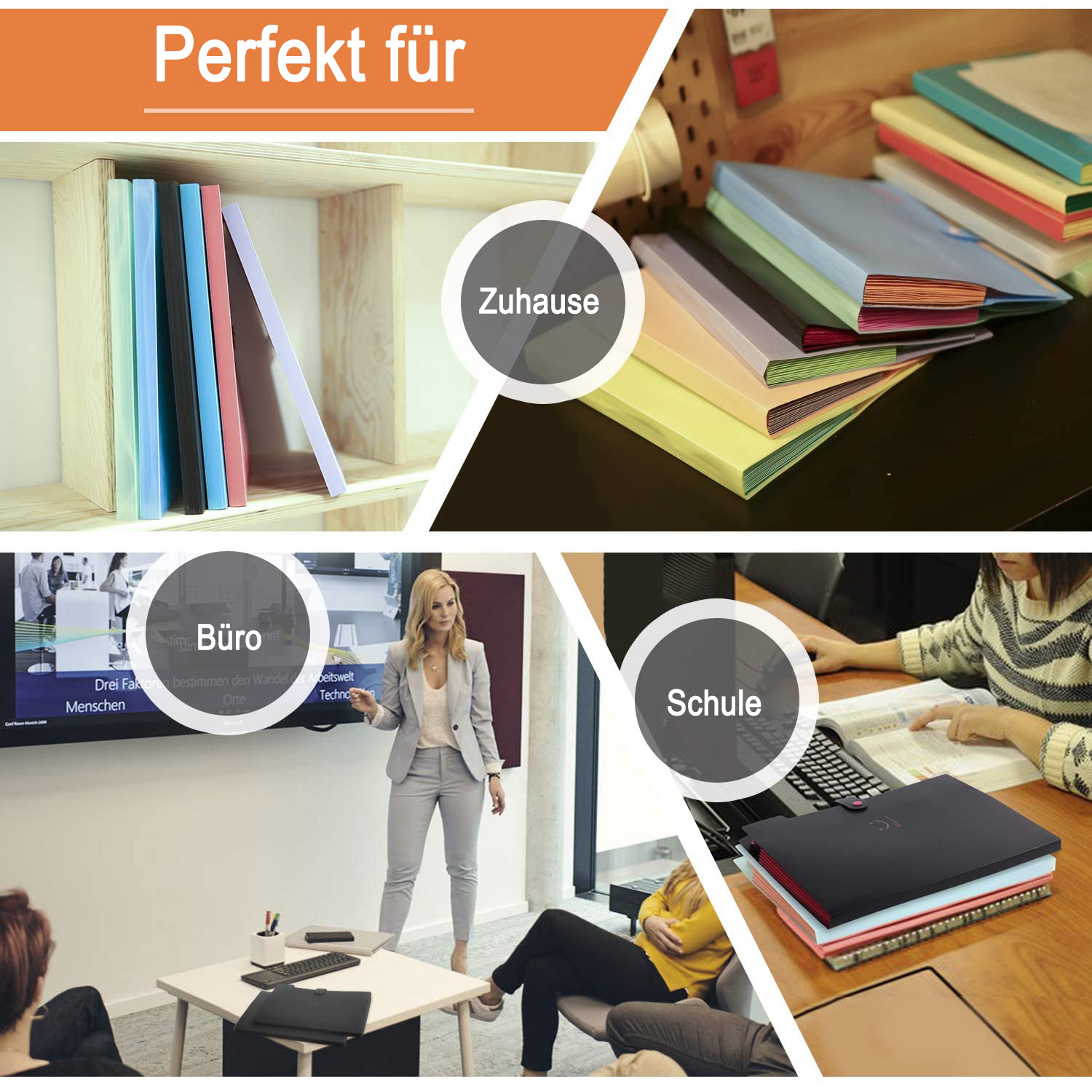 Bilder, die Aktenordner in verschiedenen Umgebungen zeigen, beschriftet mit 'Zuhause', 'Büro' und 'Schule'.