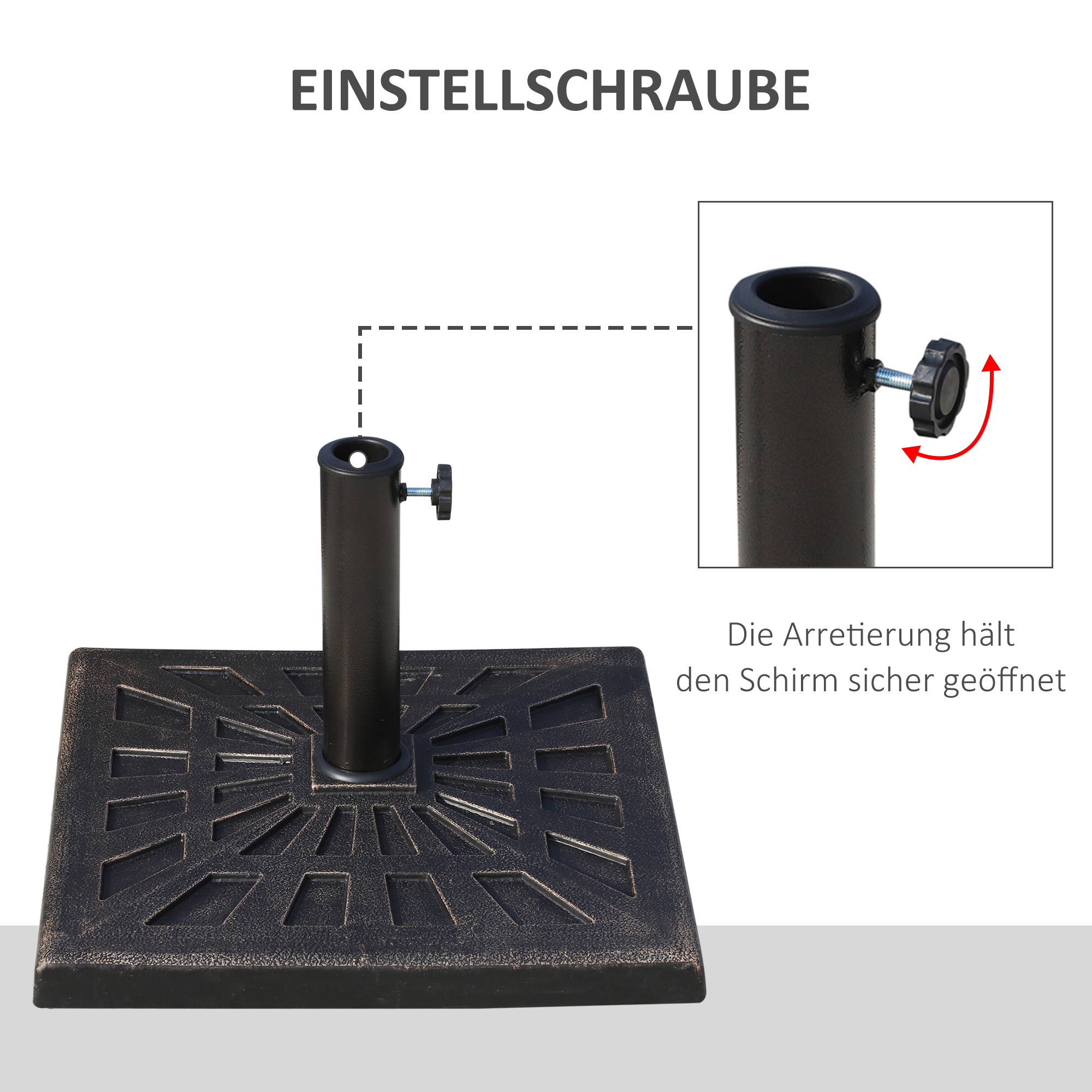 Ein schwarzer Metall-Schirmständer mit verstellbarer Schraube. Text auf Deutsch beschreibt den Verriegelungsmechanismus.