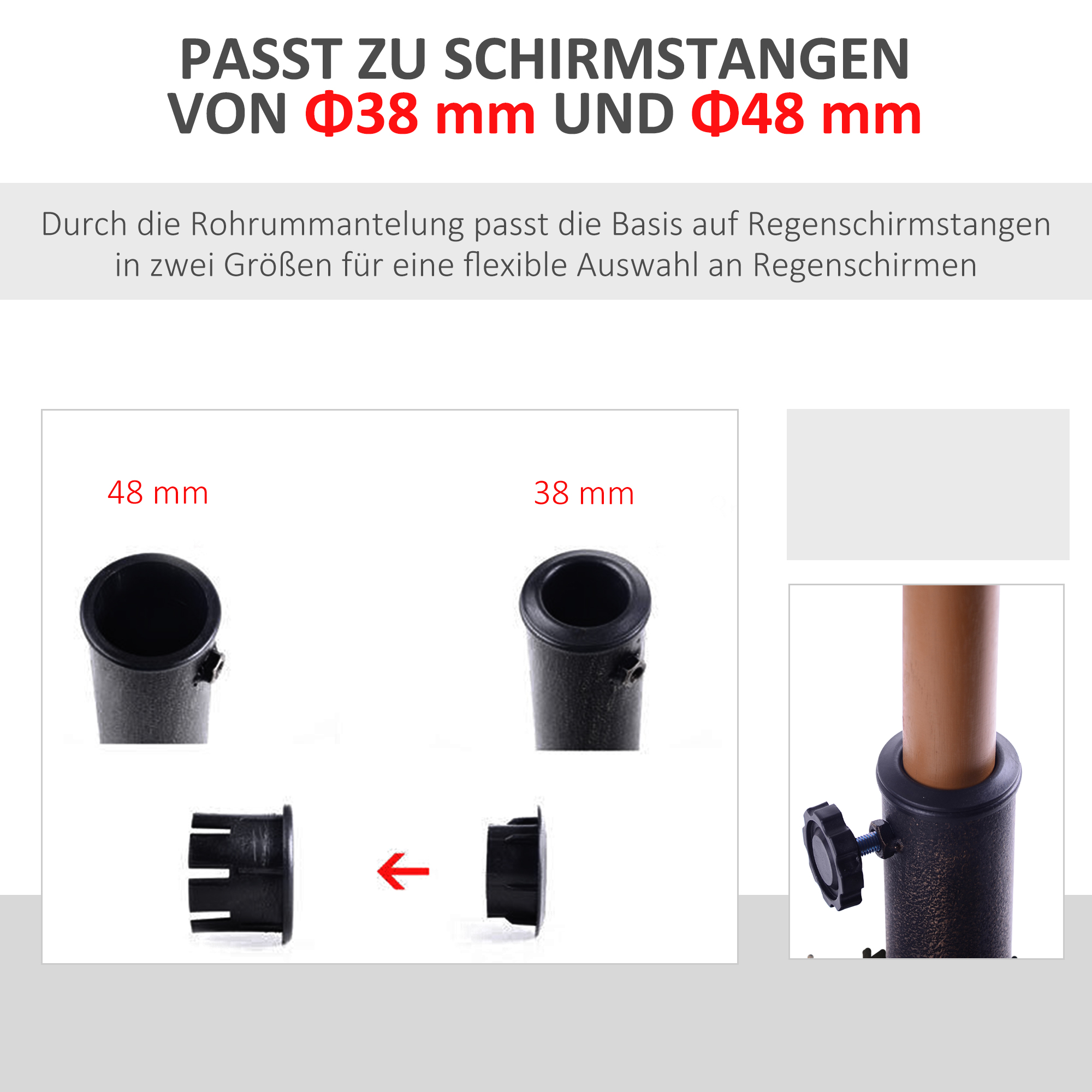 Das Bild zeigt Sonnenschirmmaststützen mit Durchmesserangaben von 38 mm und 48 mm, mit einem Teildiagramm.