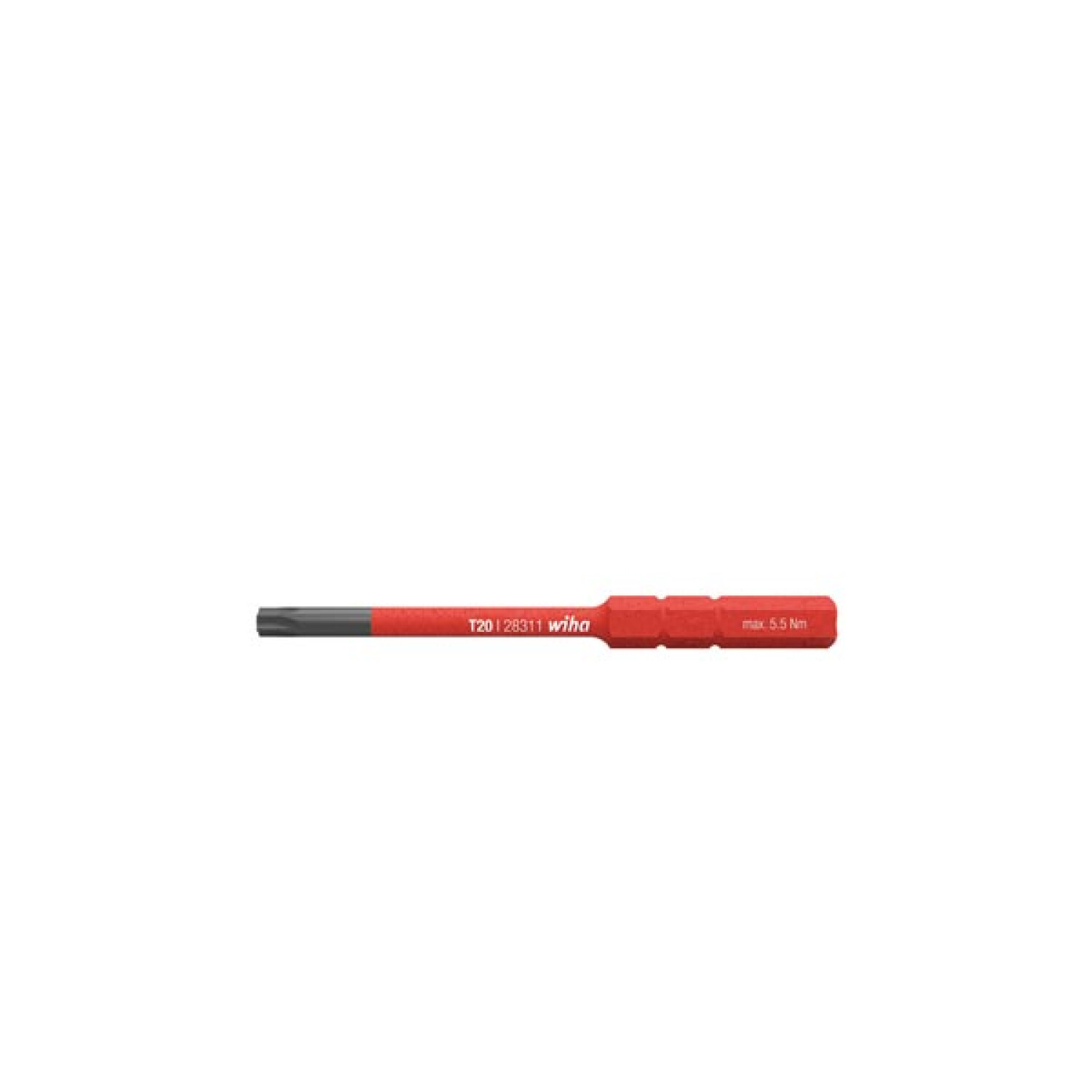 Ein Wiha Schraubendreherbit mit rotem Griff. Der Bit ist schwarz. Text: T20, 28311, wiha und max. 5,5 Nm sind sichtbar.
