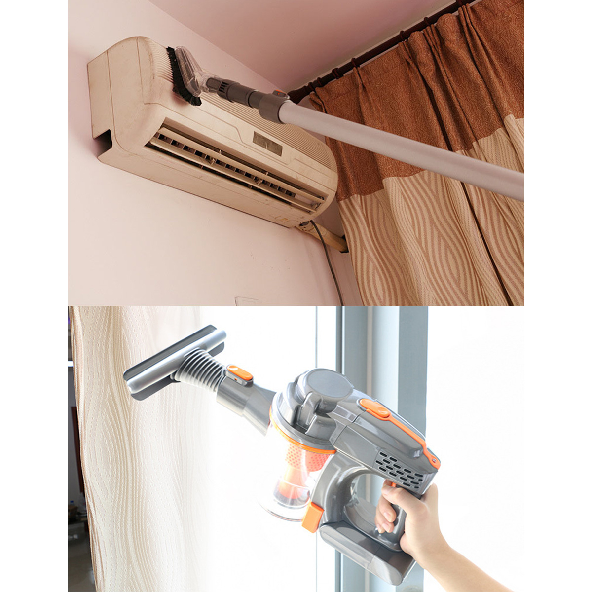 Eine Klimaanlage wird abgesaugt und ein Handstaubsauger.