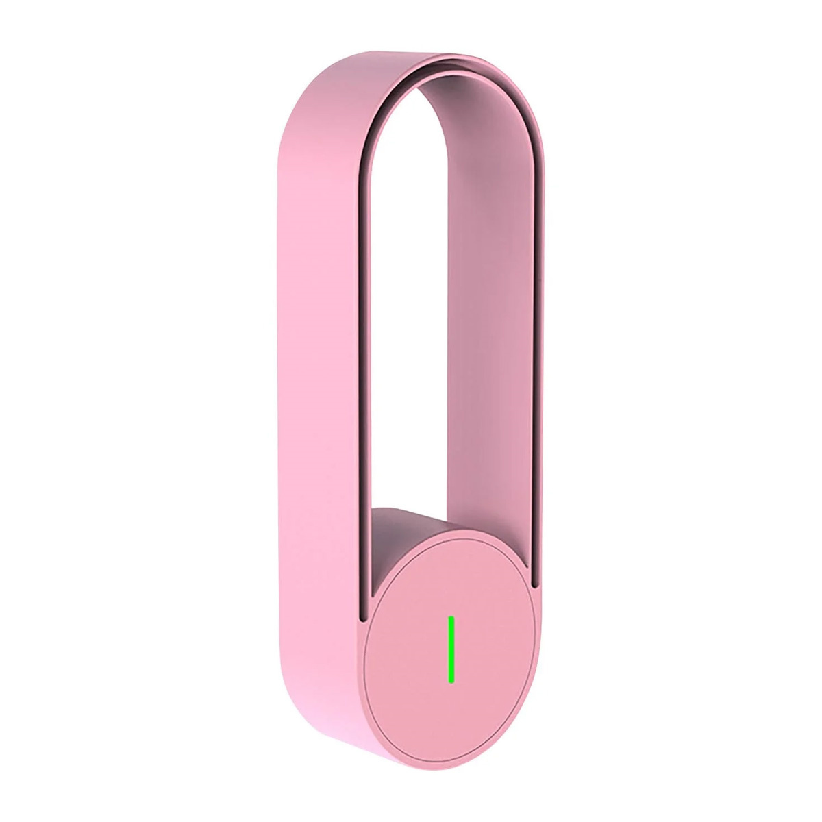 Ein rosa, oval geformter Luftreiniger. Er hat eine kreisförmige Basis mit grünem Licht. Das Design ist minimalistisch.