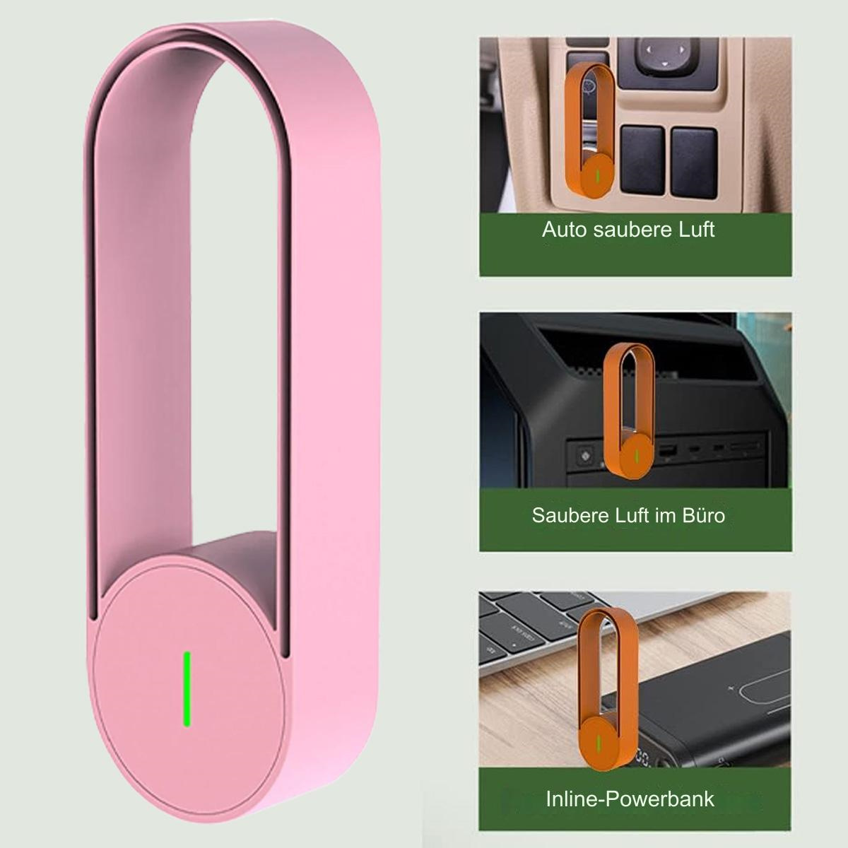 Ein rosa Luftreiniger wird mit Textfeldern gezeigt, die angeben, wo er verwendet werden kann, einschließlich Auto, Büro und Powerbank.