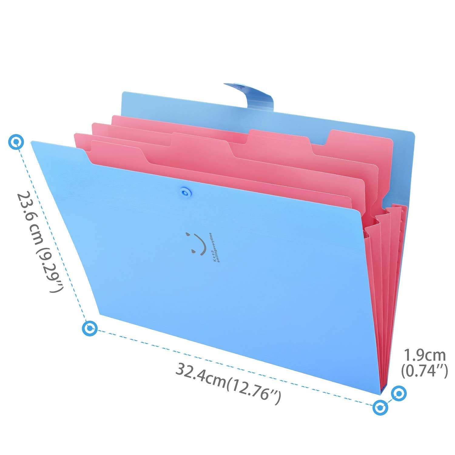 Eine blau-rosa erweiterbare Ablagemappe mit Maßen in Zentimetern und Zoll.