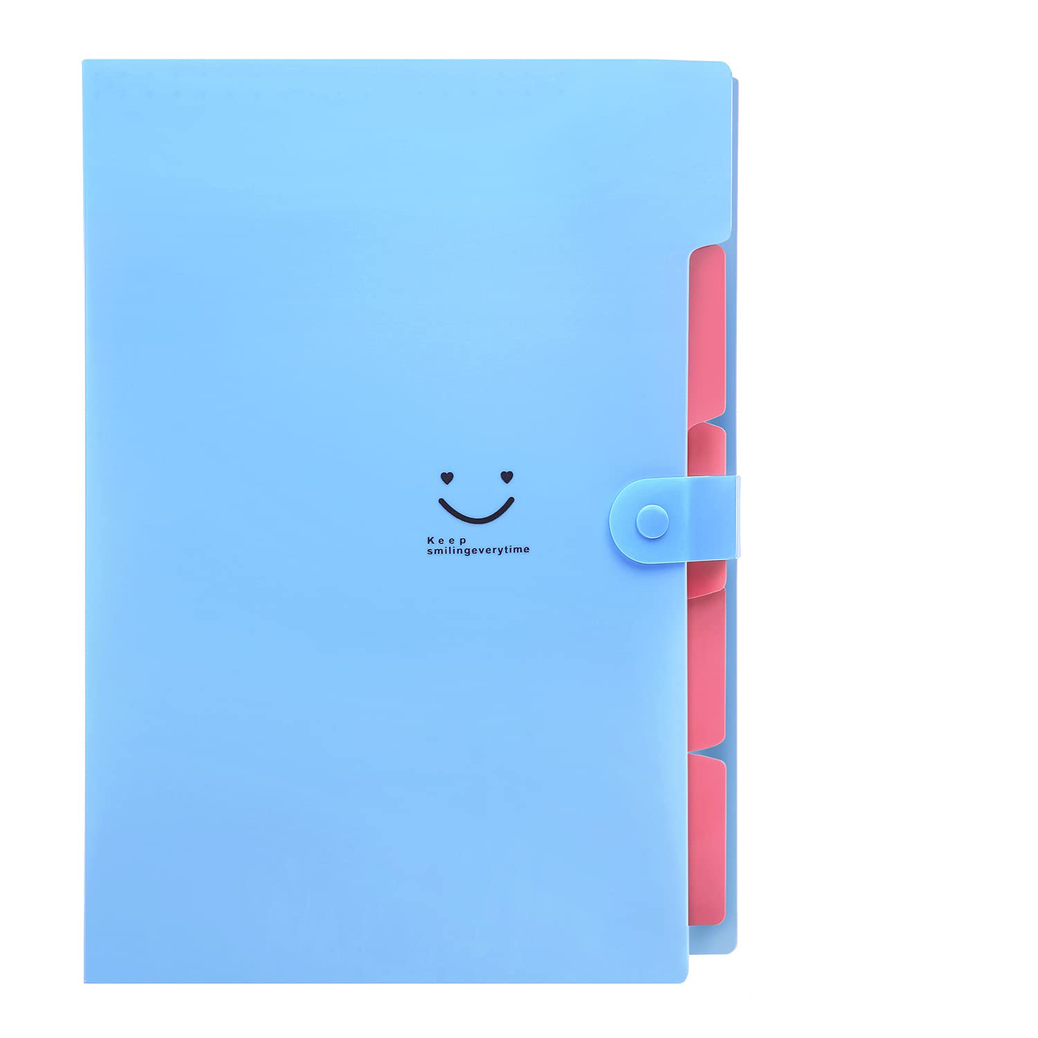 Blauer Aktenordner mit rosafarbenen Trennwänden. Hat ein Smiley und den Text 'Keep smiling everyday'.