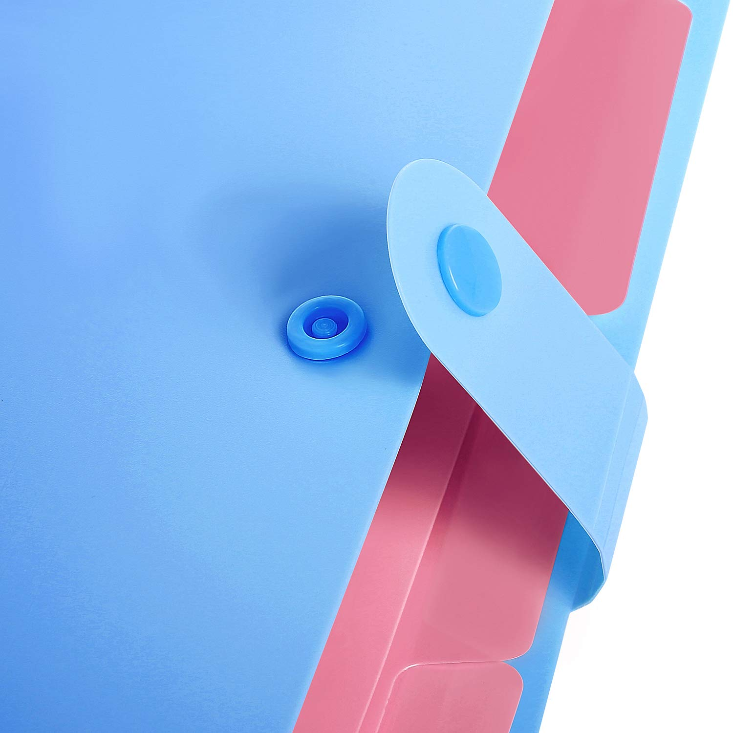 Nahaufnahme eines blau-rosa Ordners mit Knopfverschluss. Die blaue Außenseite zeigt ein rosa Inneres.
