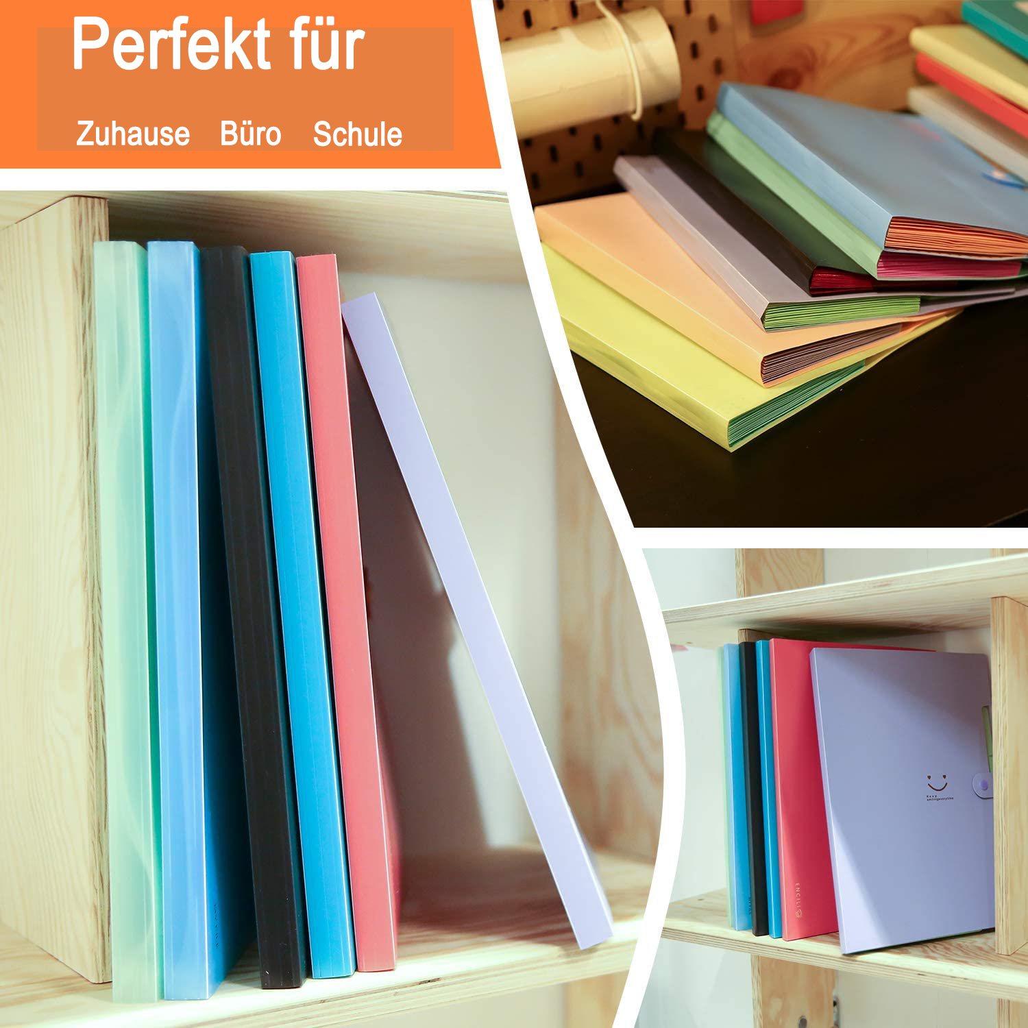 Regale mit bunten Ordnern. Text oben: 'Perfekt für Zuhause, Büro, Schule'.