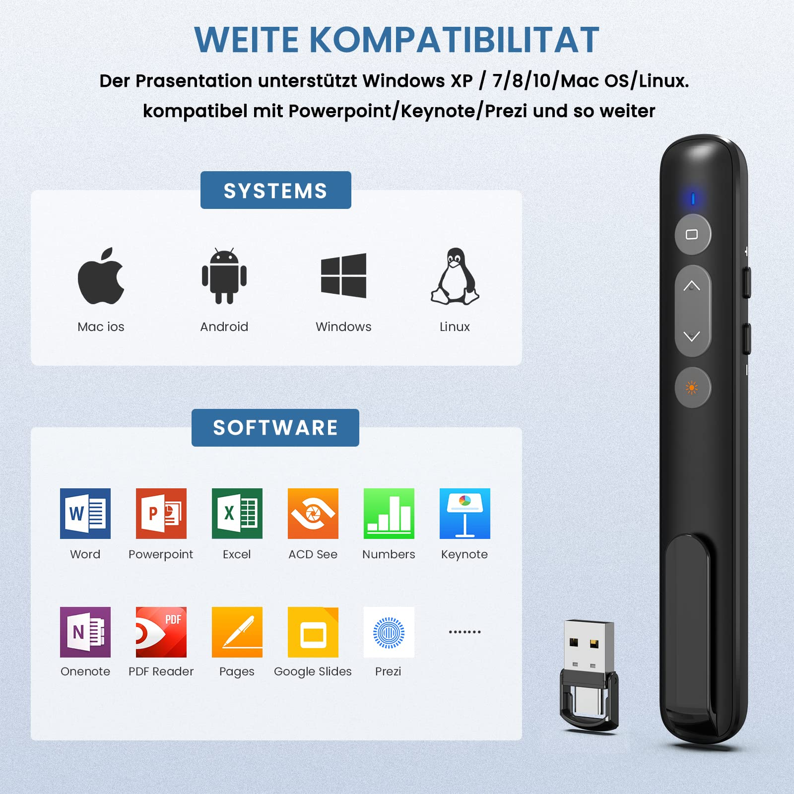 Ein schwarz-weißer Laserpointer mit USB-Laufwerk. Diagramme und Symbole werden auf dem Bildschirm angezeigt.