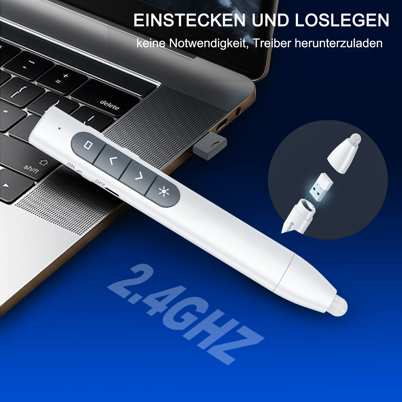 Eine weiße Presenter-Fernbedienung mit einem USB-Empfänger, der an einen Laptop angeschlossen ist.