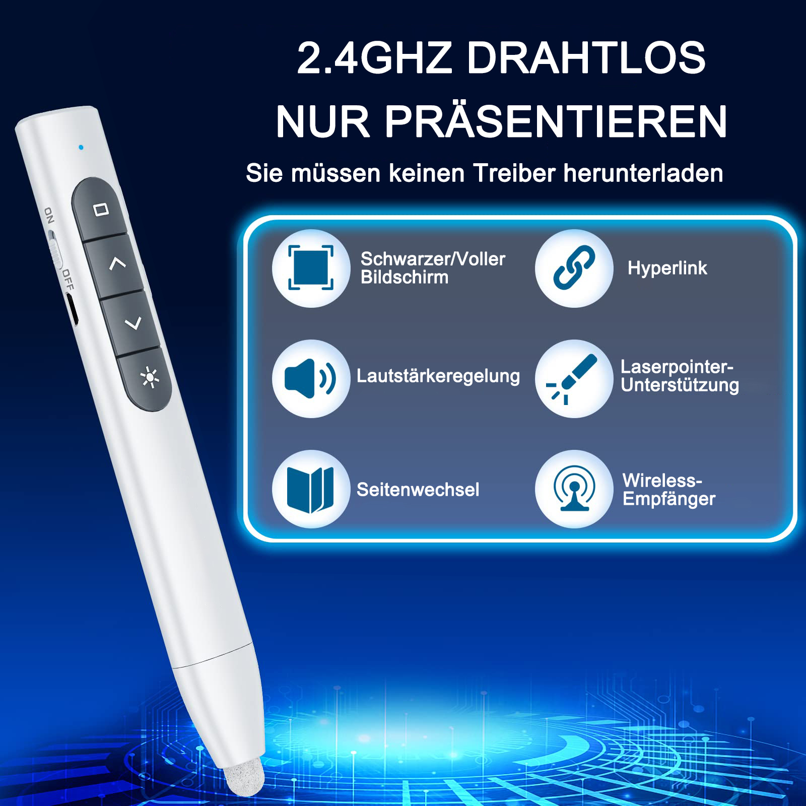 Ein weißer Präsentationszeiger mit Knöpfen. Blaue Symbole beschreiben Funktionen wie Hyperlink und Lautstärke.
