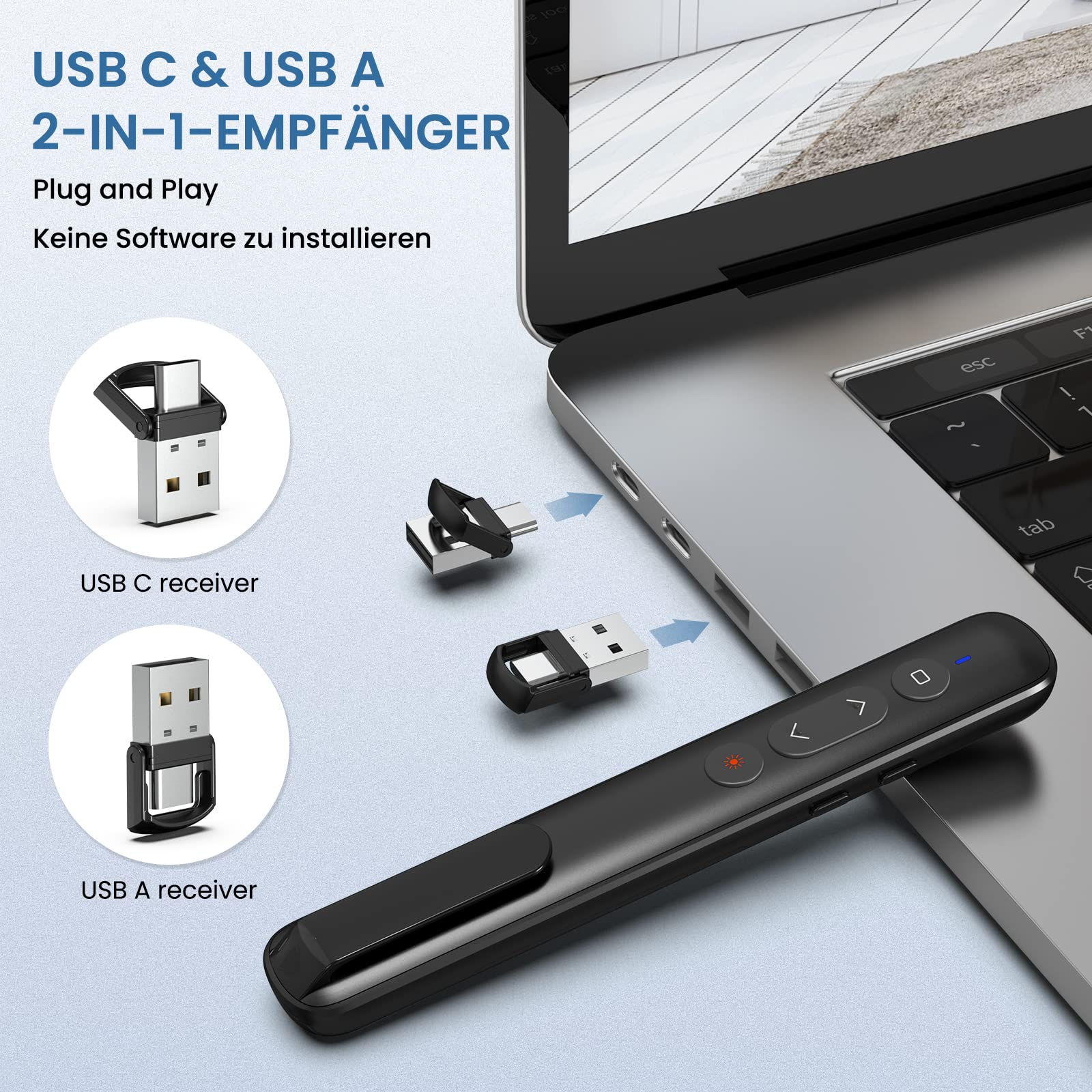 Ein Laptop und ein schwarzer Präsentationszeiger. USB-Empfänger und USB-C-Empfänger sind ebenfalls abgebildet.