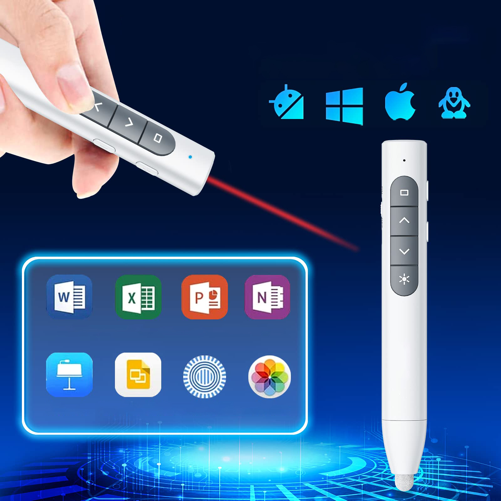 Ein weißer Präsentationsklicker mit einem roten Laserpointer und Anwendungssymbolen.