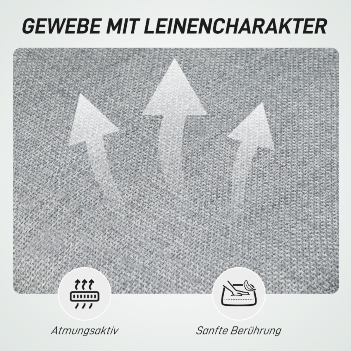 Grauer Stoff mit weißen Pfeilen und Symbolen für Atmungsaktivität und sanfte Berührung.