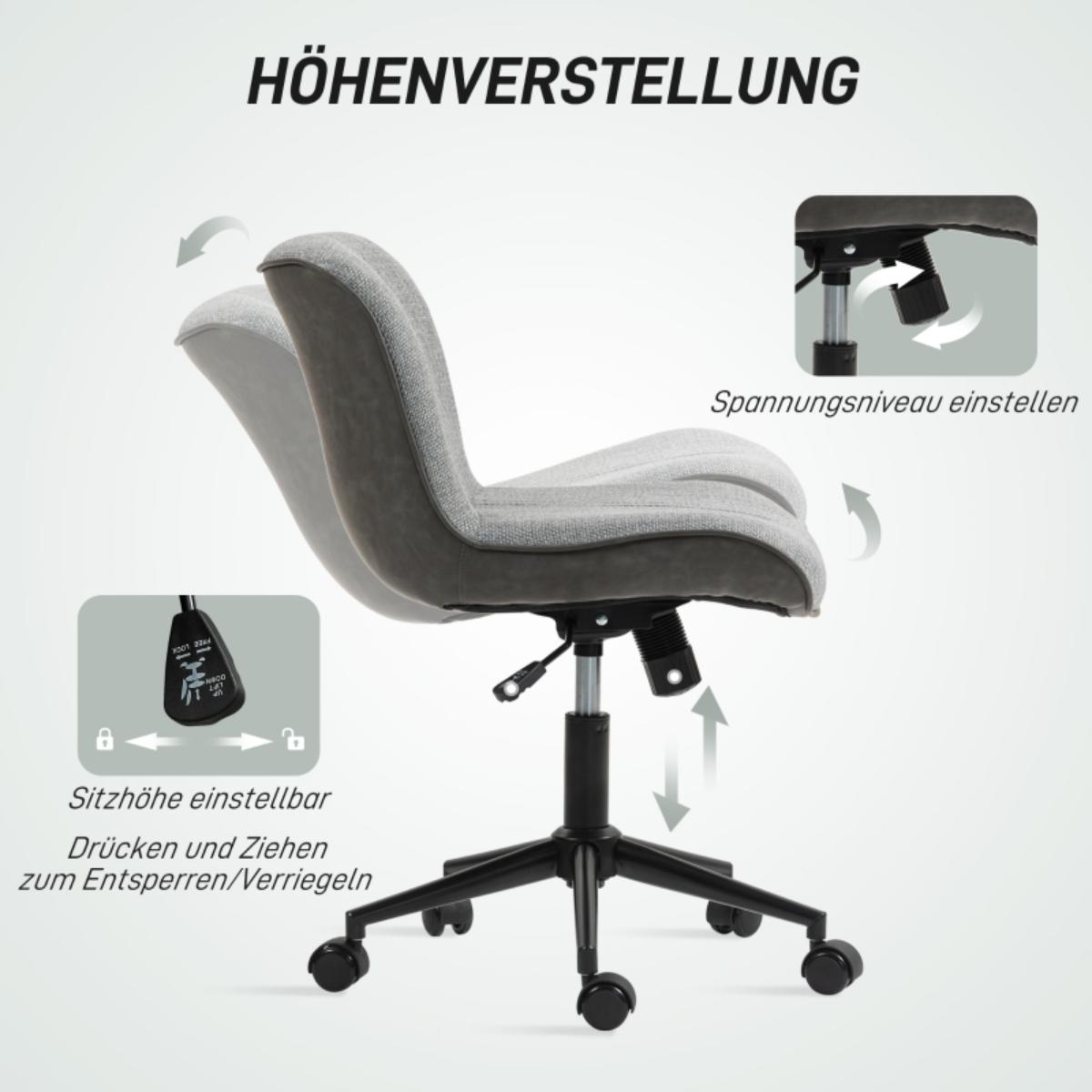 Ein grauer Bürostuhl mit höhenverstellbarer Sitzfläche und Spannungsregulierung. Anweisungen sind angezeigt.