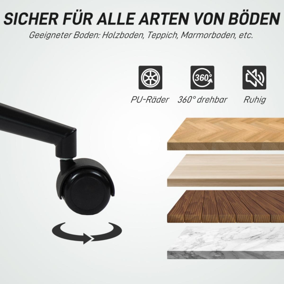 Nahaufnahme eines schwarzen Bürostuhlrades. Diagramme zeigen geeignete Bodenbeläge.