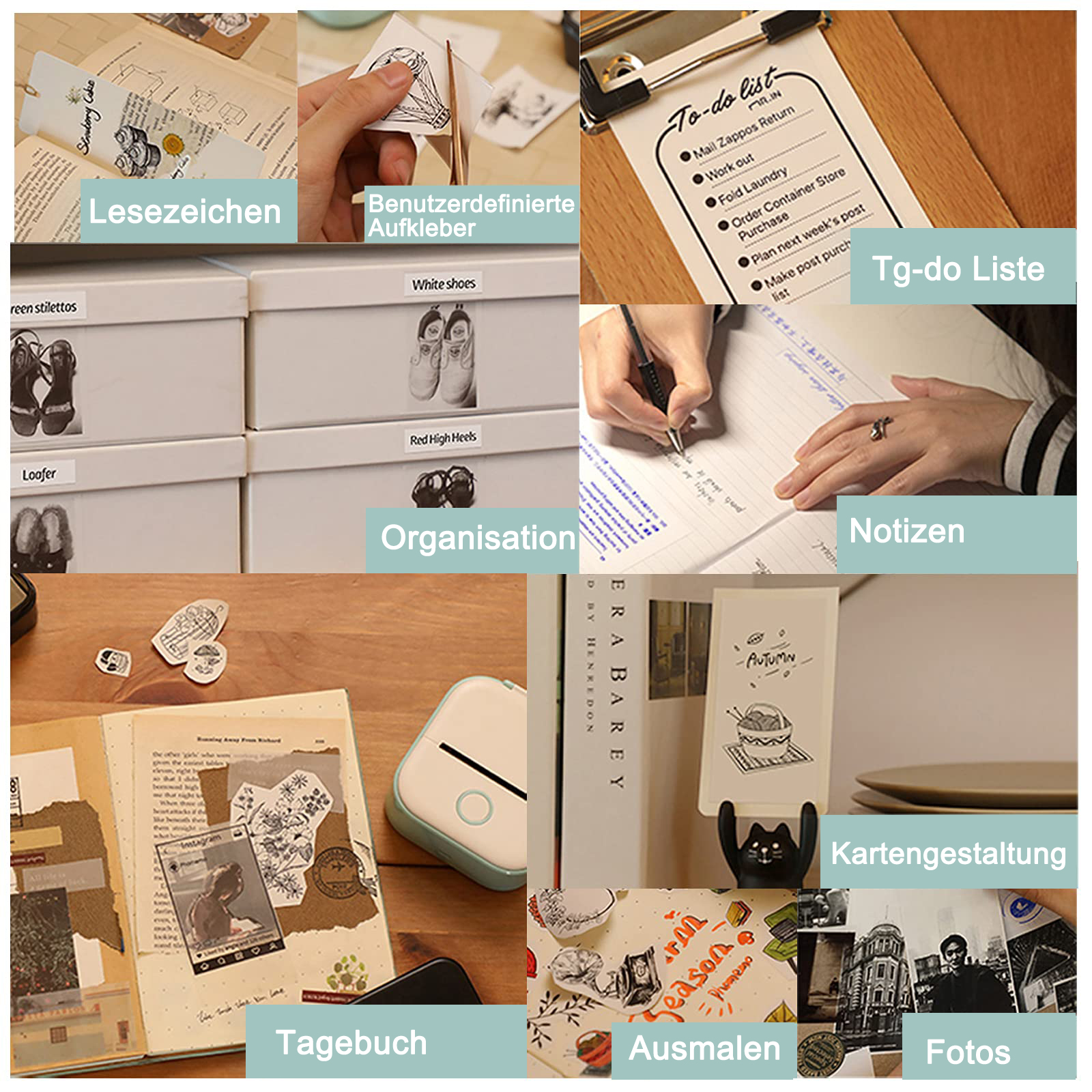 Eine Collage von Bildern, die verschiedene Verwendungen eines kleinen Druckers zeigen: Etiketten, To-Do-Listen usw.