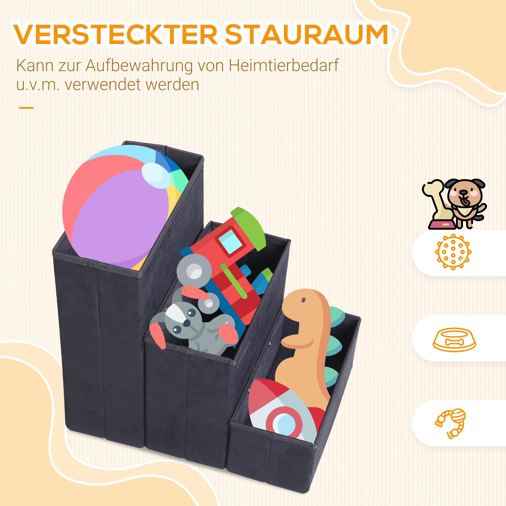 Drei schwarze Aufbewahrungsboxen mit Spielzeug und einem Hunde-Icon. Ein Ball, Zug, Dinosaurier und Rakete sind zu sehen.