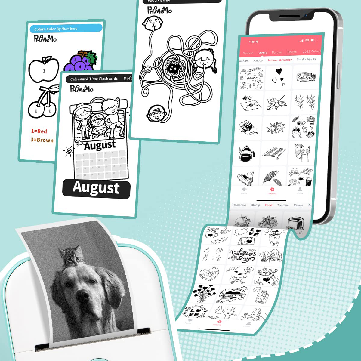 Ein Smartphone zeigt eine App-Oberfläche, bedrucktes Papier und einen Drucker. Die App zeigt Zeichnungen und einen Kalender.