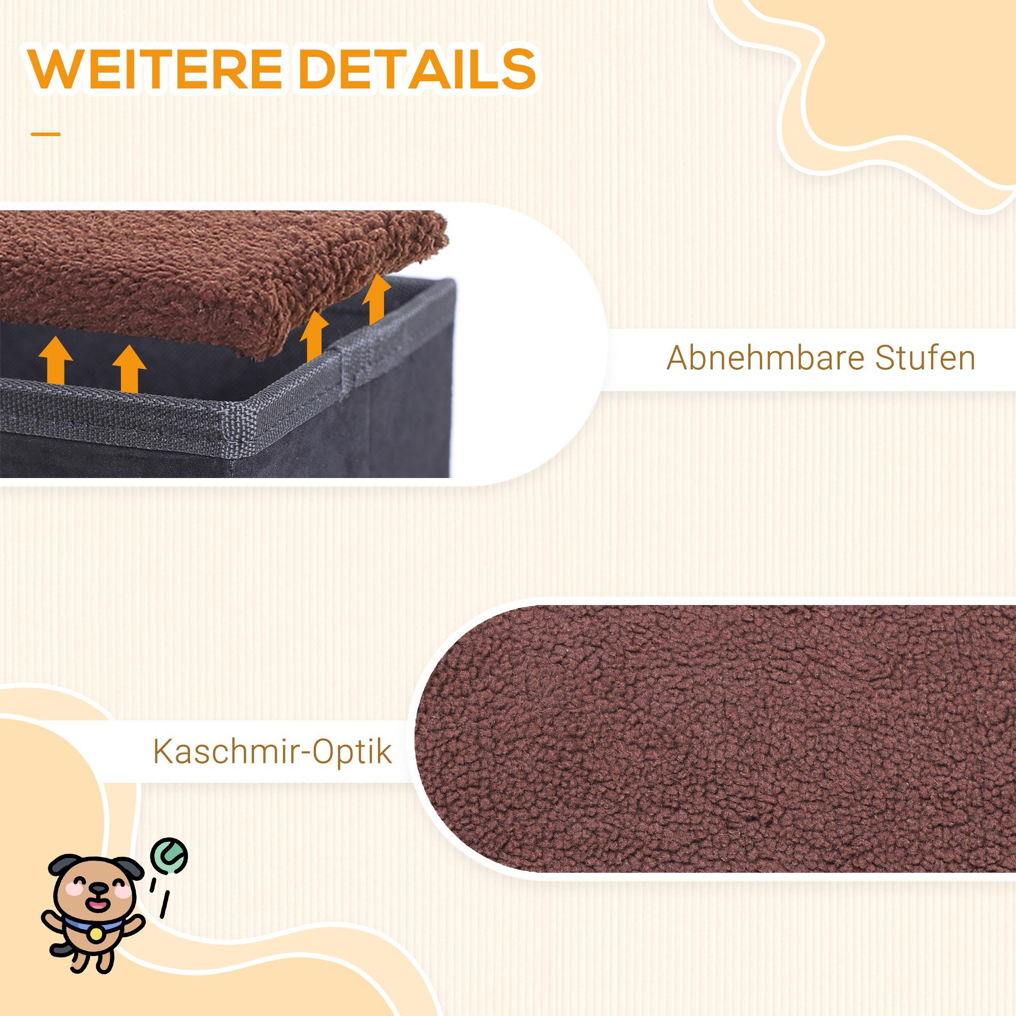 Nahaufnahme eines Haustier-Tritts, der das braune Plüschoberteil und den schwarzen Rahmen zeigt, mit einer Hundeillustration.