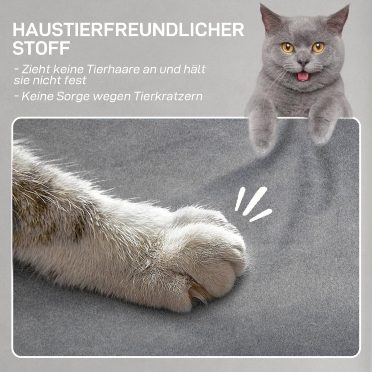Eine graue Katzenpfote mit Krallen auf einer grauen Oberfläche, mit Text über tierfreundlichen Stoff und eine graue Katze.
