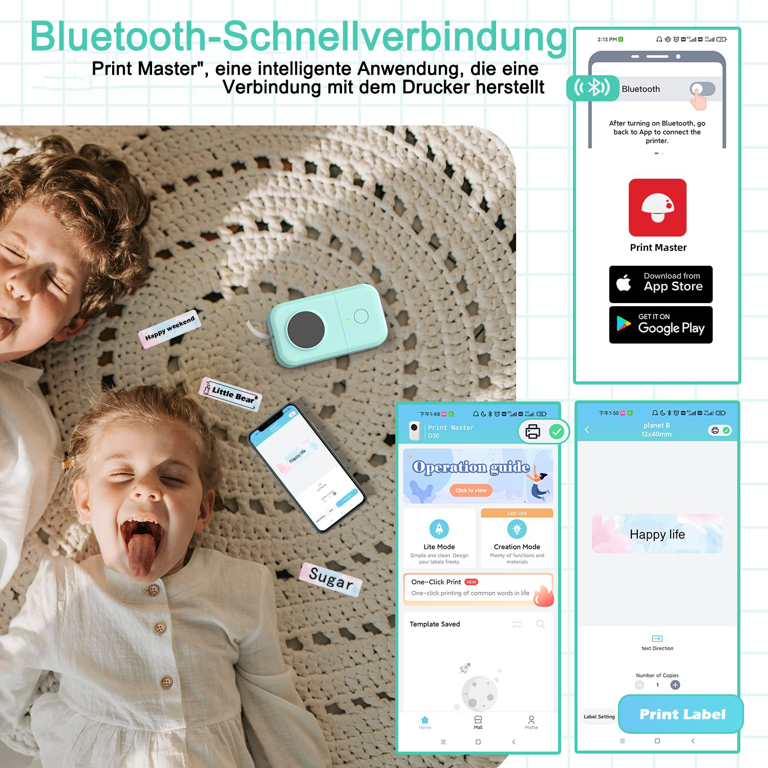 Ein Bild mit zwei Kindern und mehreren Screenshots einer Etikettendrucker-App und dem Drucker selbst.