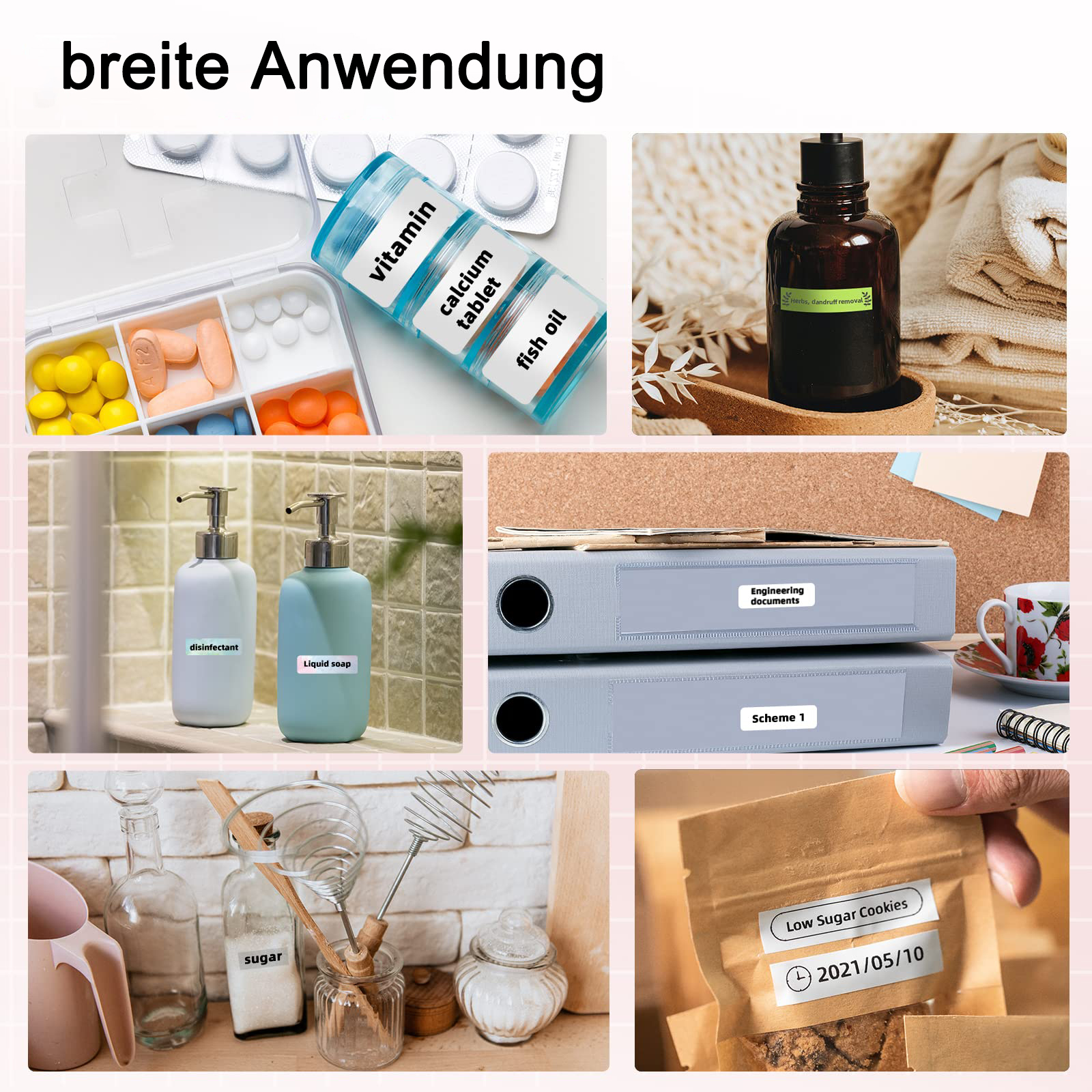 Bild zeigt verschiedene Artikel, die mit Aufklebern beschriftet sind, darunter Medikamente, Vitamine und Reinigungsmittel.