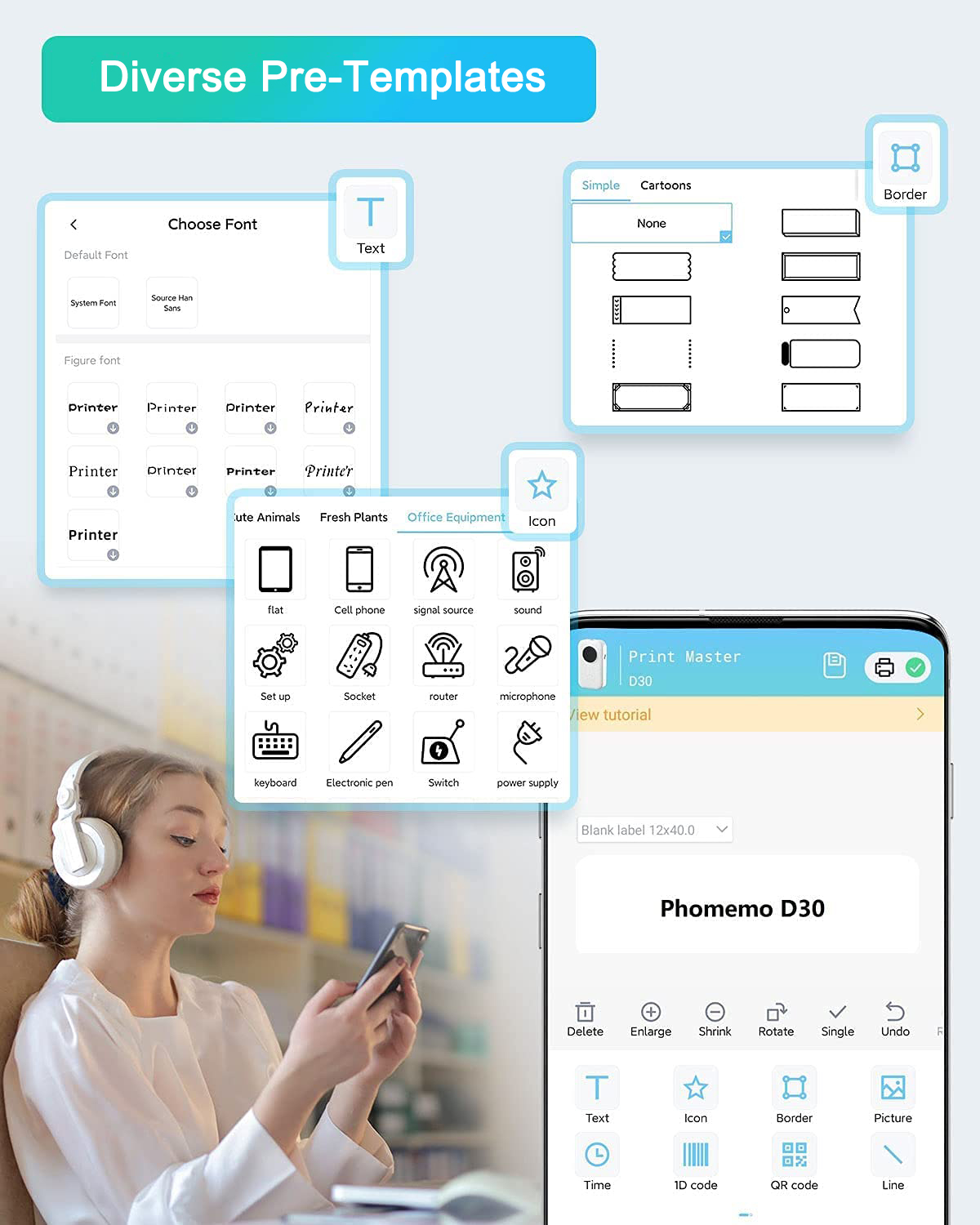 Eine Frau mit Kopfhörern interagiert mit ihrem Telefon. Der Bildschirm zeigt Etikettendesign-Optionen und Vorlagen.