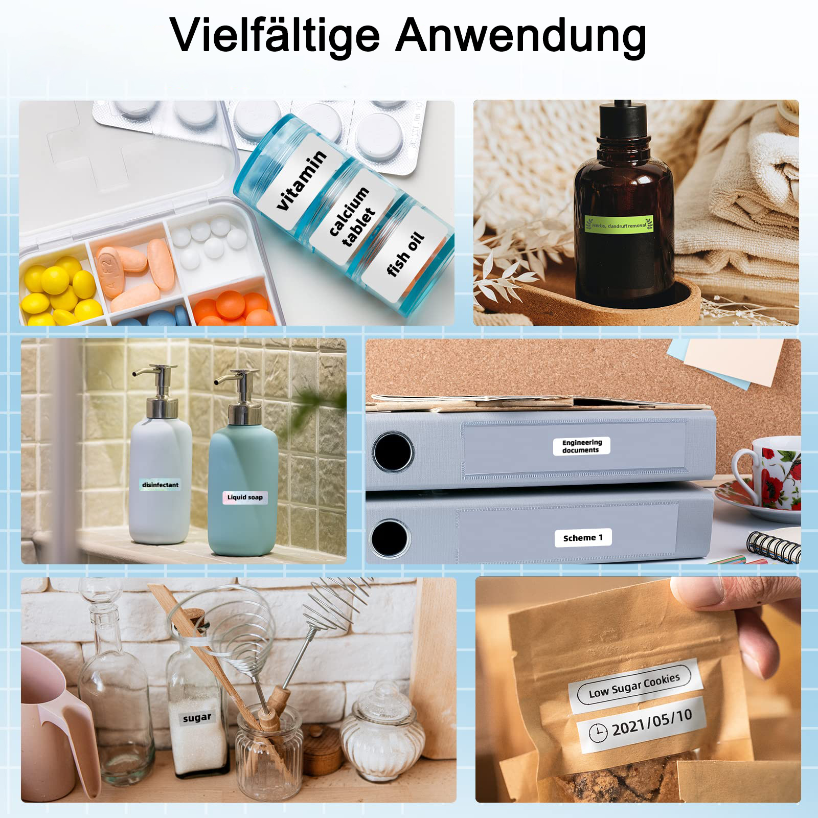 Etiketten auf verschiedenen Behältern und Artikeln, darunter Medikamente, Gewürze und Haushaltsartikel. Blauer Fliesenboden.