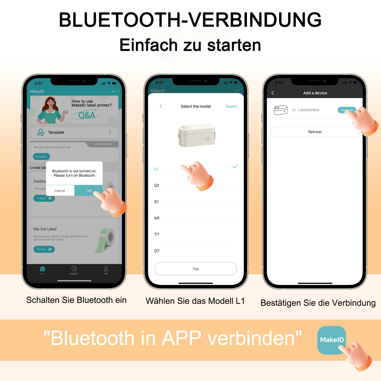 Drei Telefonbildschirme, die die Einrichtung des Etikettendruckers anzeigen. Hände interagieren mit den Bildschirmen und zeigen die Schritte.
