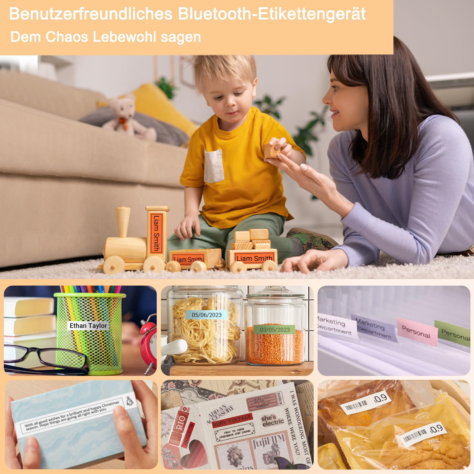 Ein Kind und eine Frau spielen mit einem Spielzeugzug und Etiketten. Weitere Etiketten befinden sich auf Gläsern, Gläsern und Karten.
