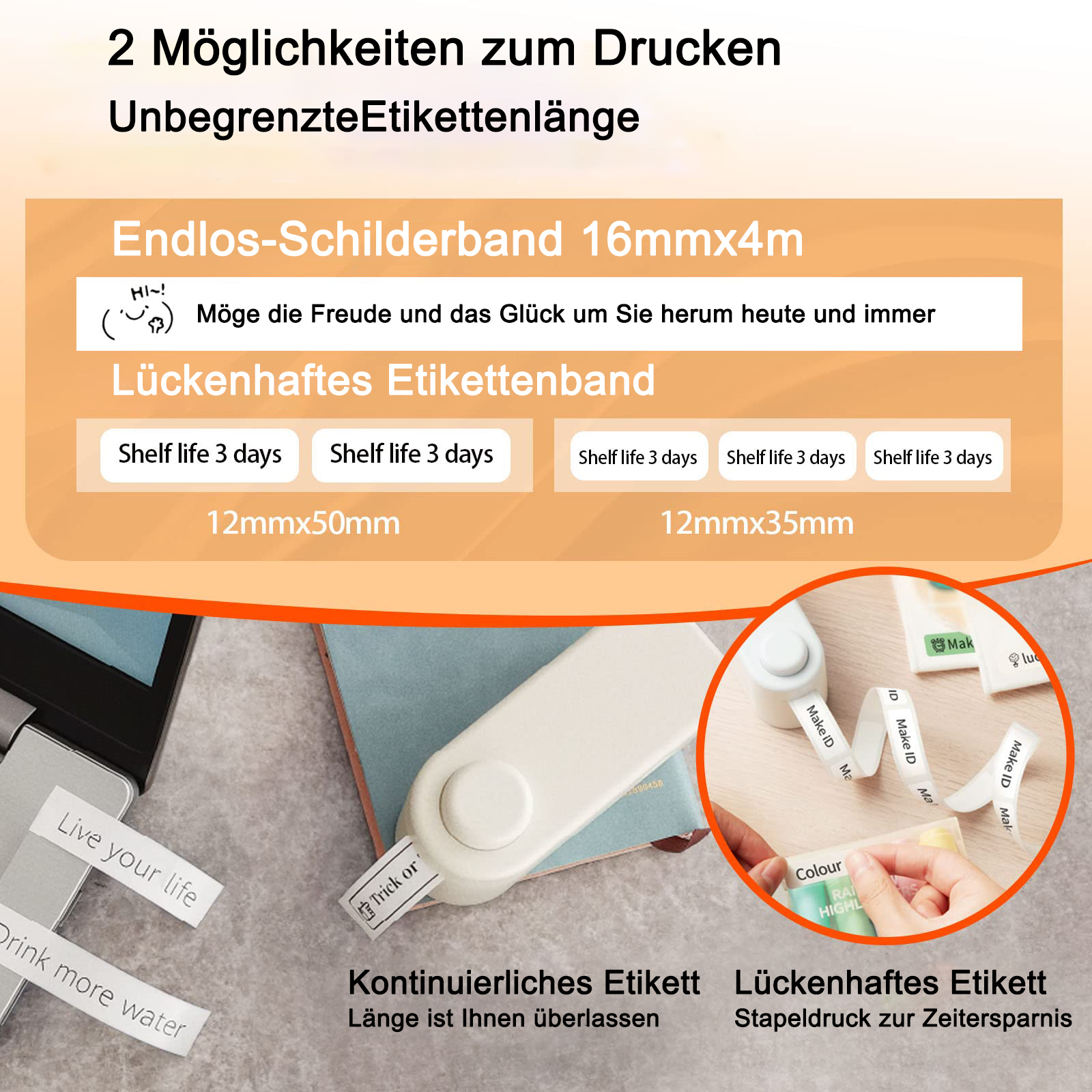 Etiketten mit Text und Grafiken, darunter ein Etikettendrucker und verschiedene Etikettenmuster. Der Hintergrund ist orange.