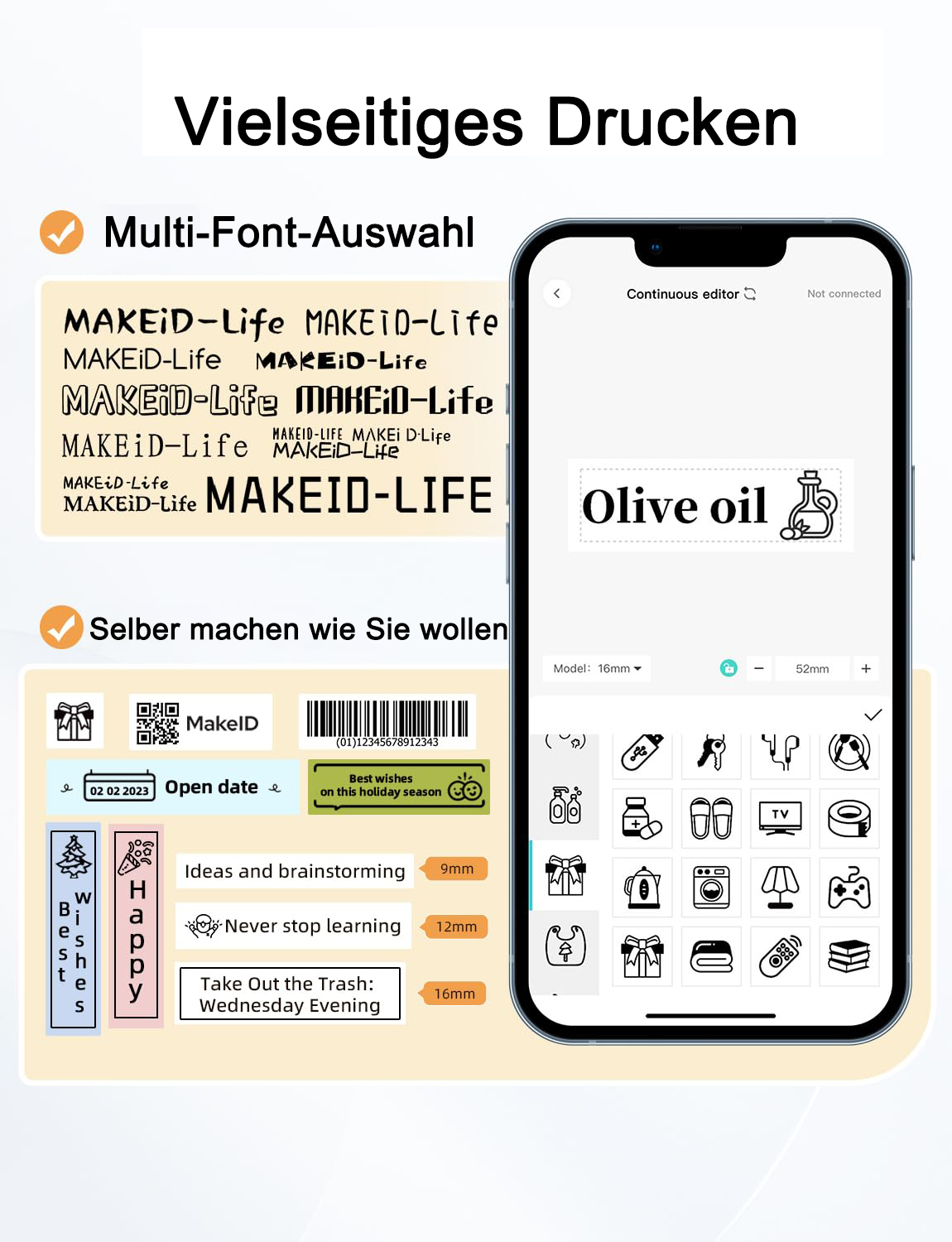 Ein Telefon zeigt Etikettendesign-Optionen mit mehreren Schriftartauswahlen und Etikettenmustern. Symbole und ein Kalender werden angezeigt.