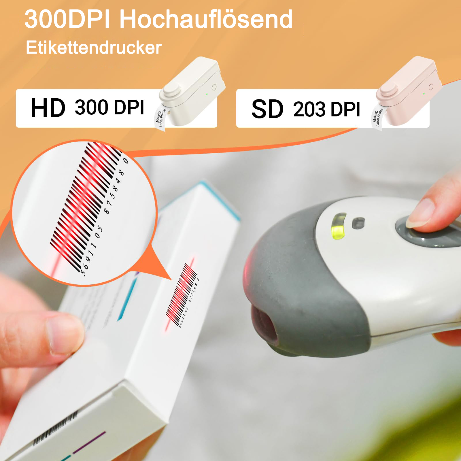 Bild zeigt zwei Etikettendrucker, einer mit Barcodes, der andere mit Textdruck.