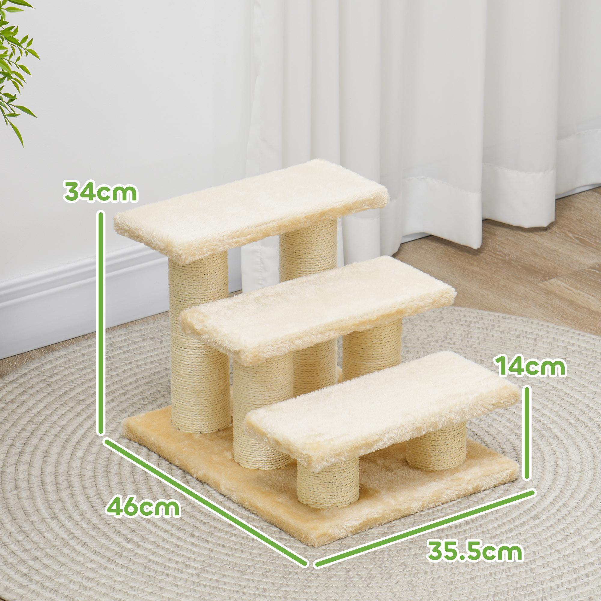 Katzenbaum mit drei Plattformen und Abmessungen in Zentimetern. Beige mit seilumwickelten Pfosten.