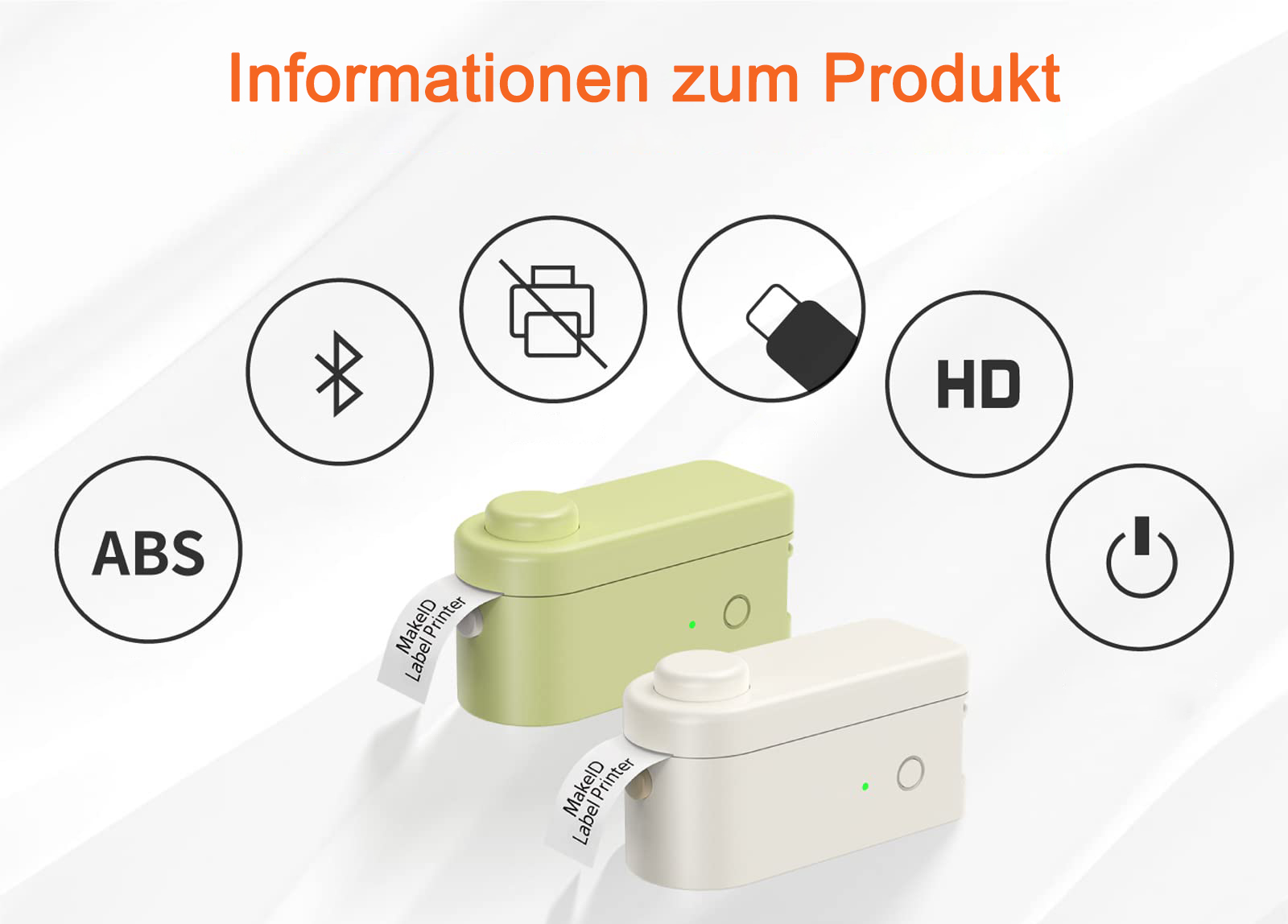 Zwei Etikettendrucker mit Text und Symbolen. Die Drucker sind weiß und grün, wobei Etiketten herauskommen.