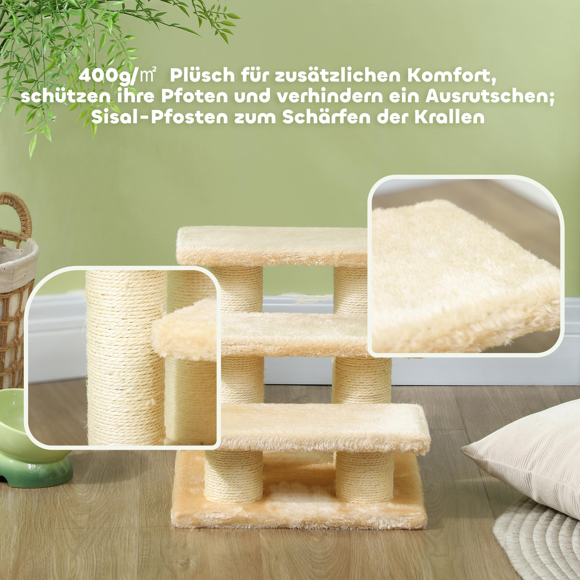Nahaufnahme eines Katzenbaums mit beigen Plattformen, Sisalpfosten, weichem Plüschmaterial und einer grünen Schale.