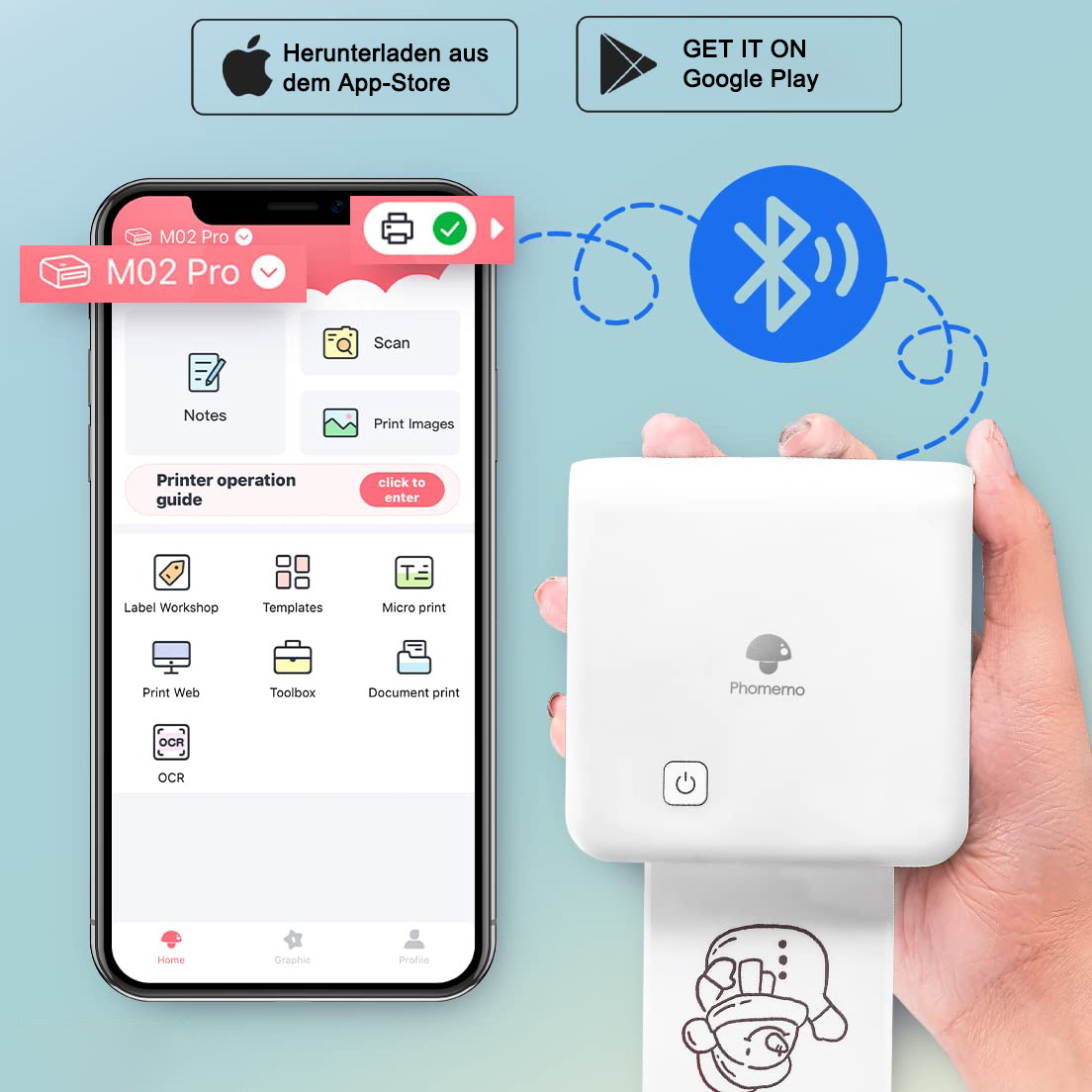 Ein Smartphone zeigt die M02 Pro App, verbunden via Bluetooth mit einem weißen Drucker mit Cartoon-Druck.