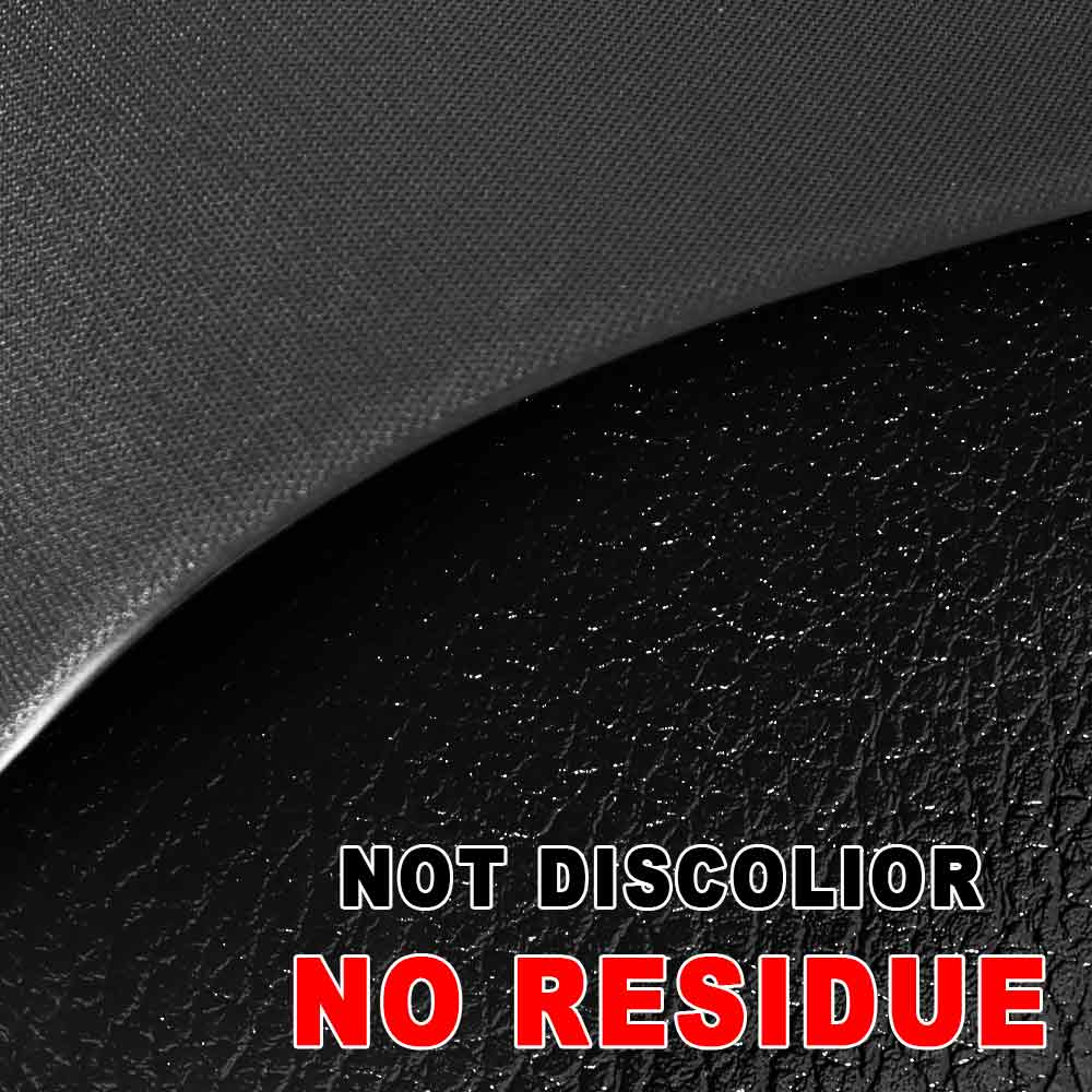 Zbliżenie czarnej, teksturowanej powierzchni, oznaczonej napisami 'NIE ODbarwia' i 'BEZ POZOSTAŁOŚCI'.