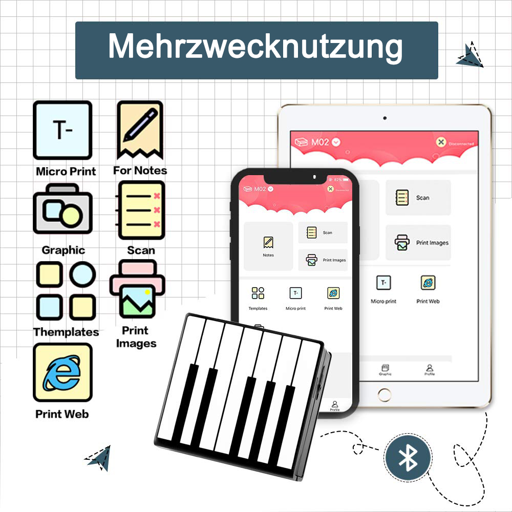 Eine Illustration mit verschiedenen App-Symbolen, einem Tablet, einem Telefon und einer kleinen Tastatur.