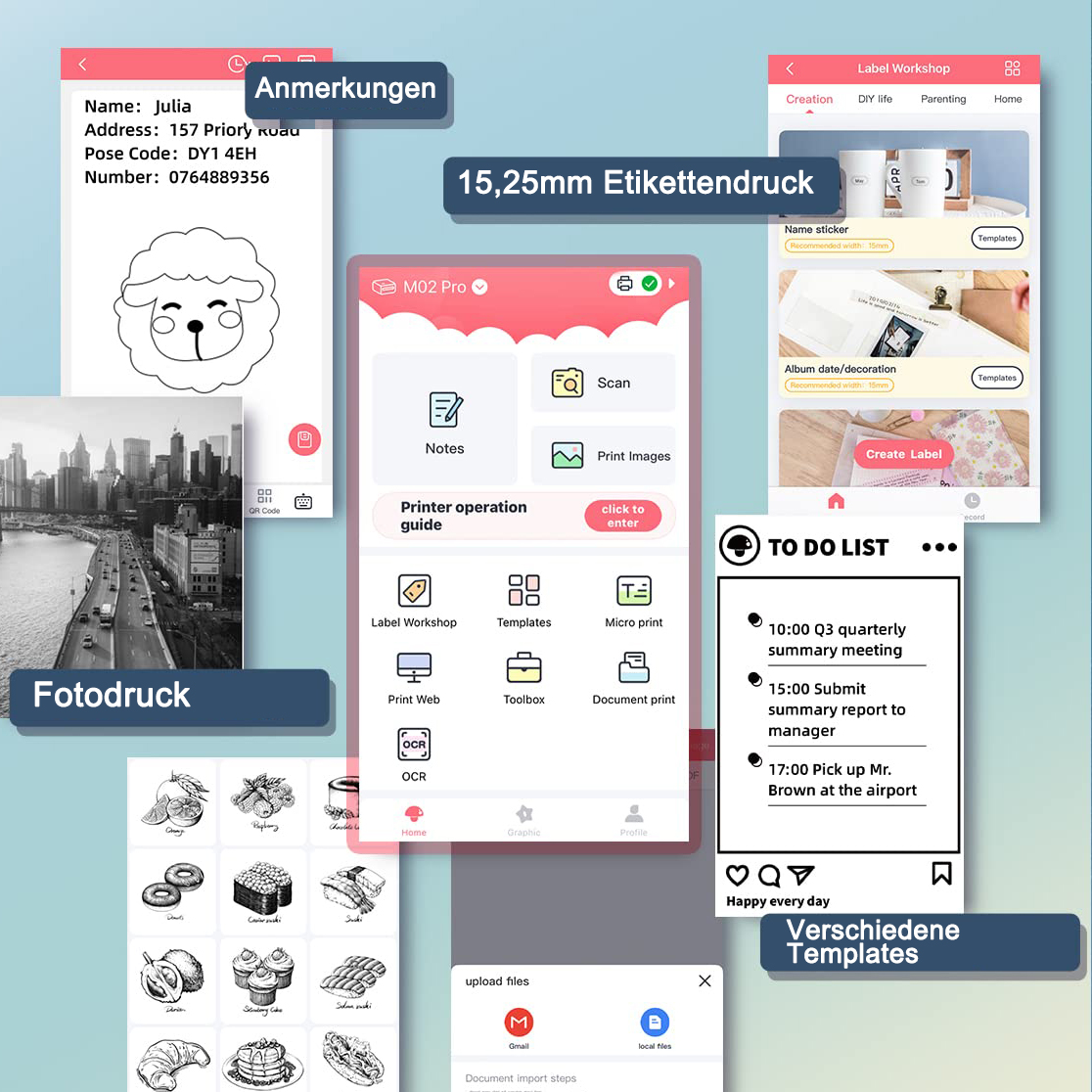 Eine Collage aus gedruckten App-Bildschirmen und Etiketten, einschließlich eines Fotos und einer Schafzeichnung, mit verschiedenen Vorlagen.