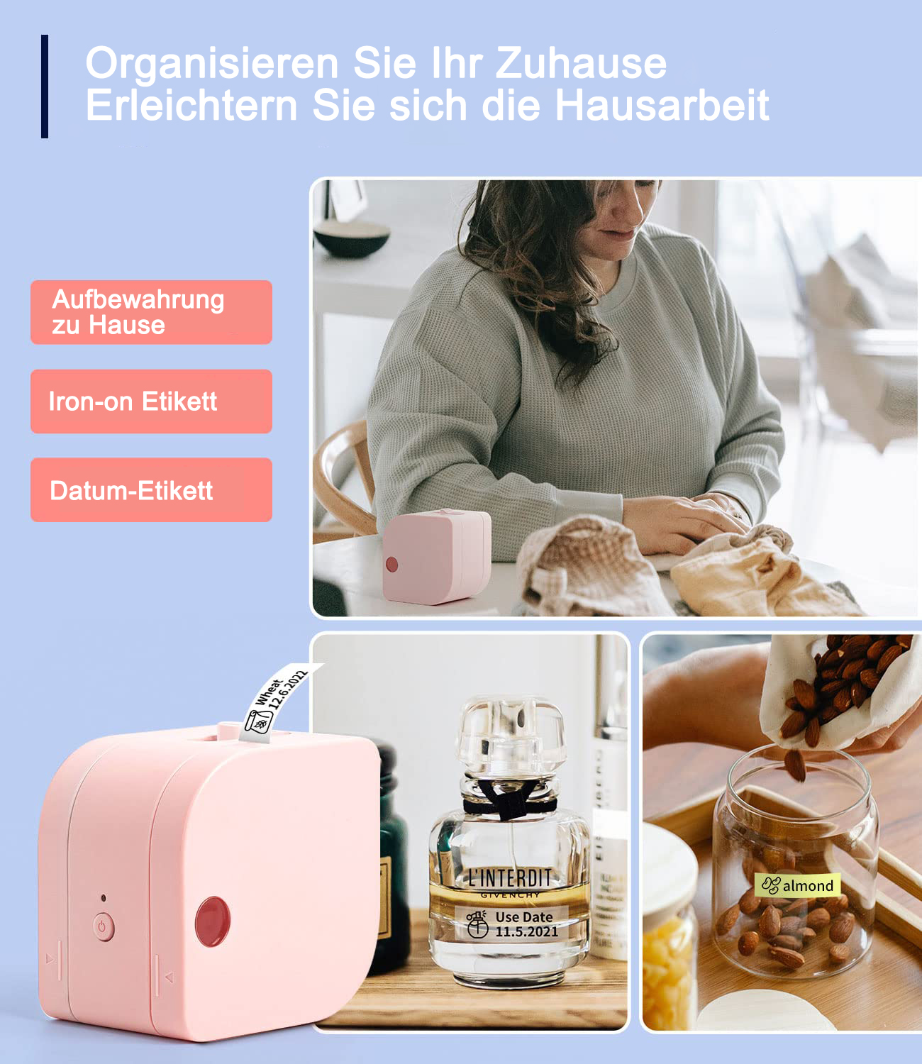 Ein rosa Etikettendrucker neben einer Parfümflasche und einem Glas mit Mandeln, im Hintergrund eine Frau, die organisiert.