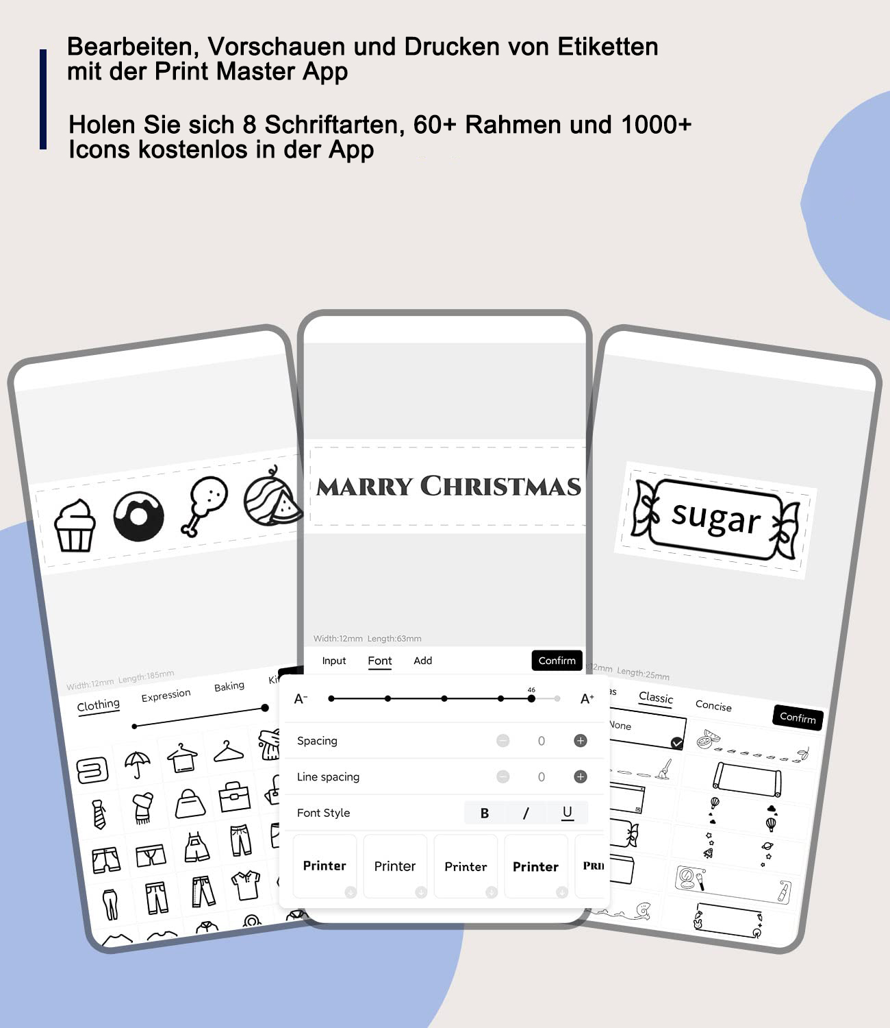 Drei Smartphones mit Etikettendesigns. Text sagt 'MARRY CHRISTMAS' und 'sugar'.